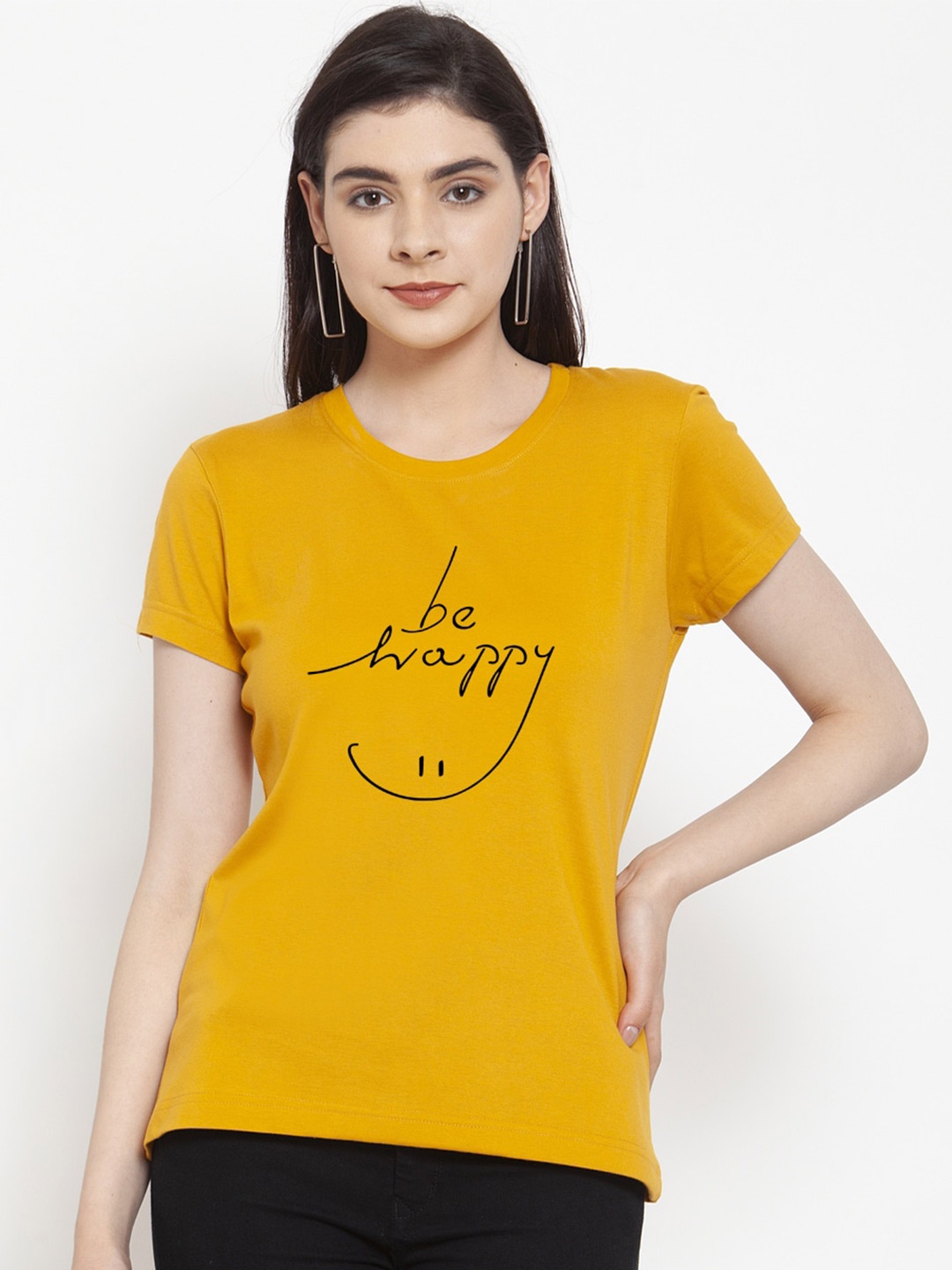 

Friskers Women Printed Slim Fit T-shirt, Mustard