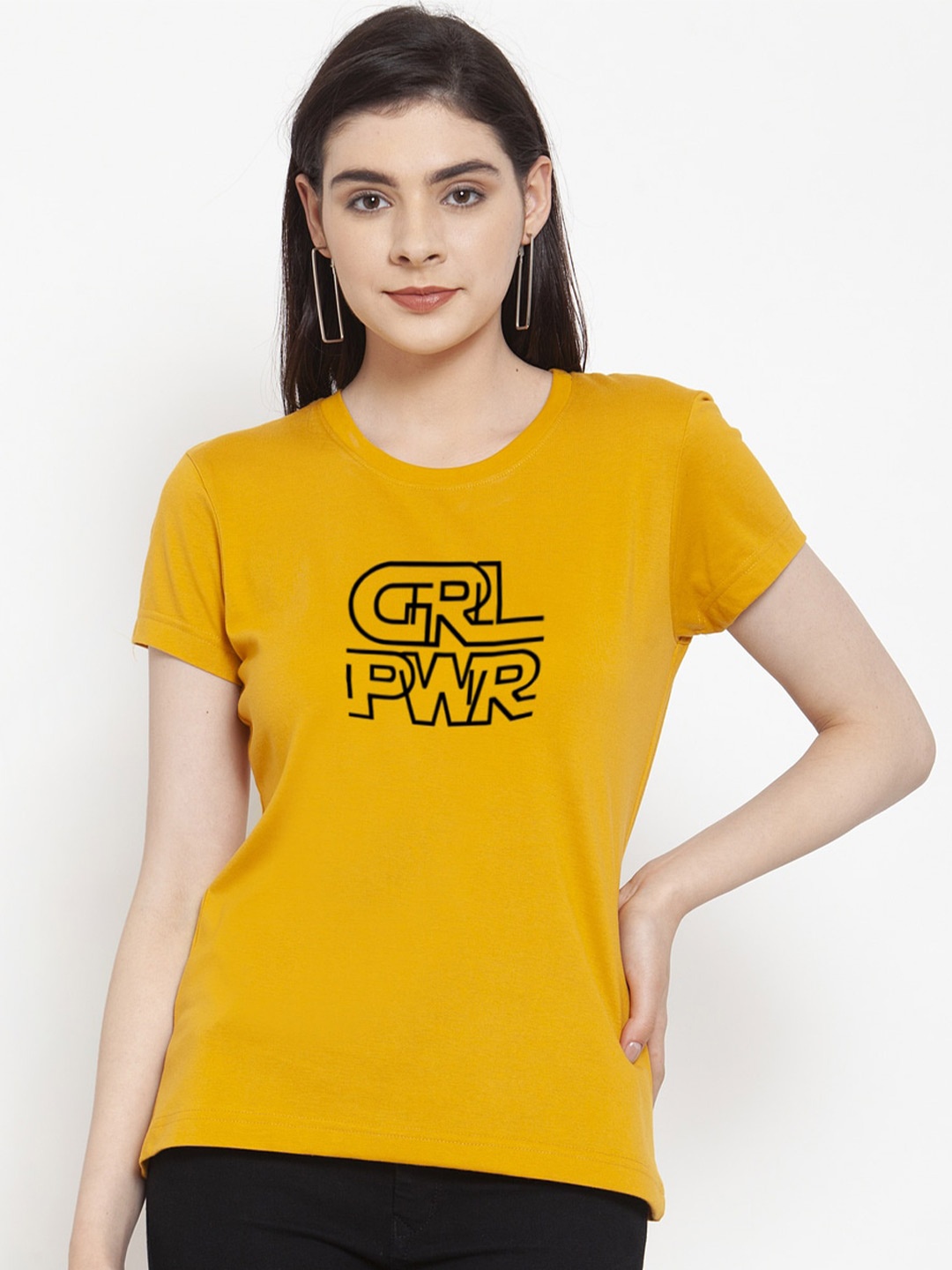 

Friskers Women Typography Printed Slim Fit T-shirt, Mustard