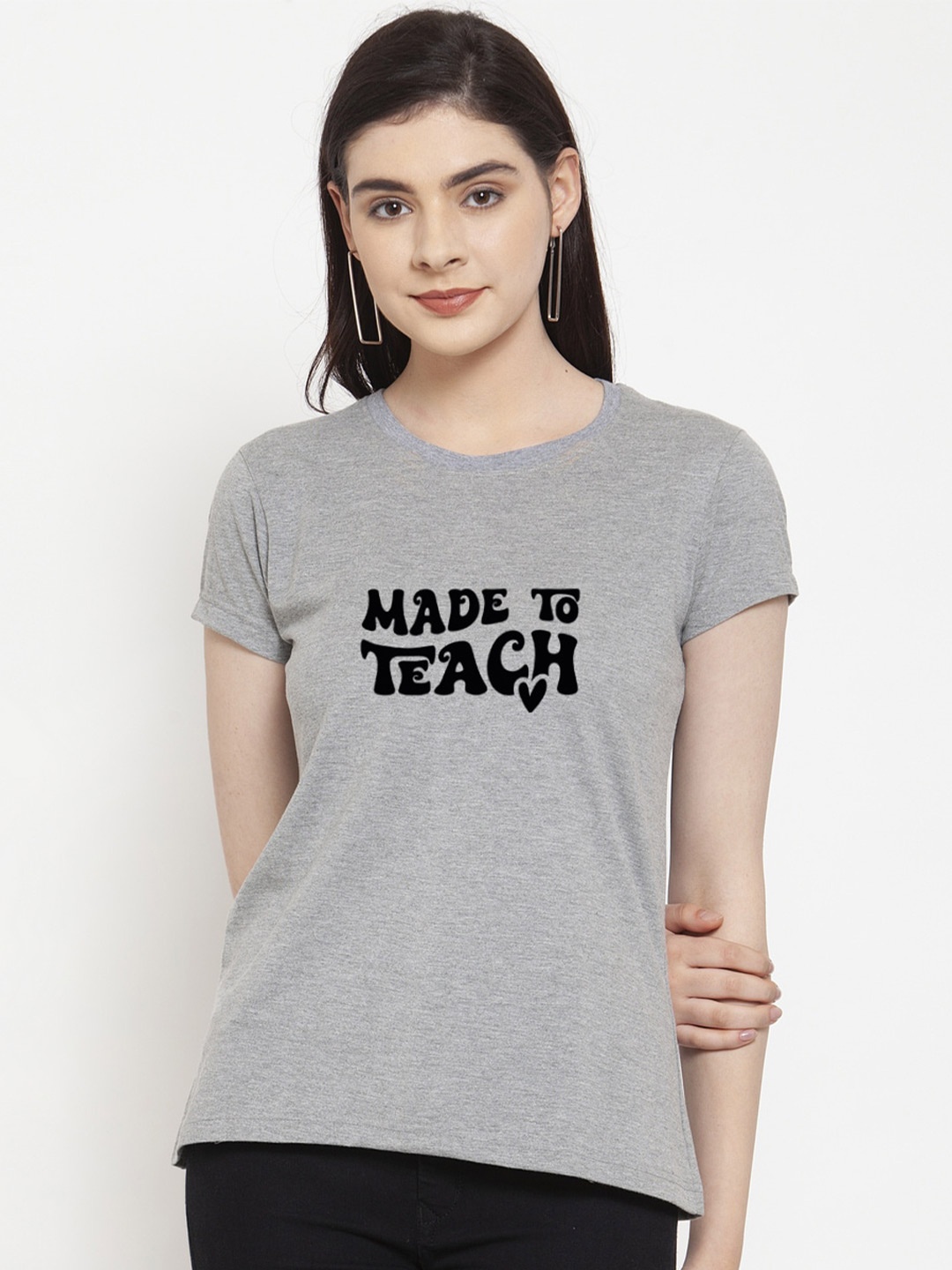 

Friskers Women Typography Printed Pockets Slim Fit T-shirt, Grey