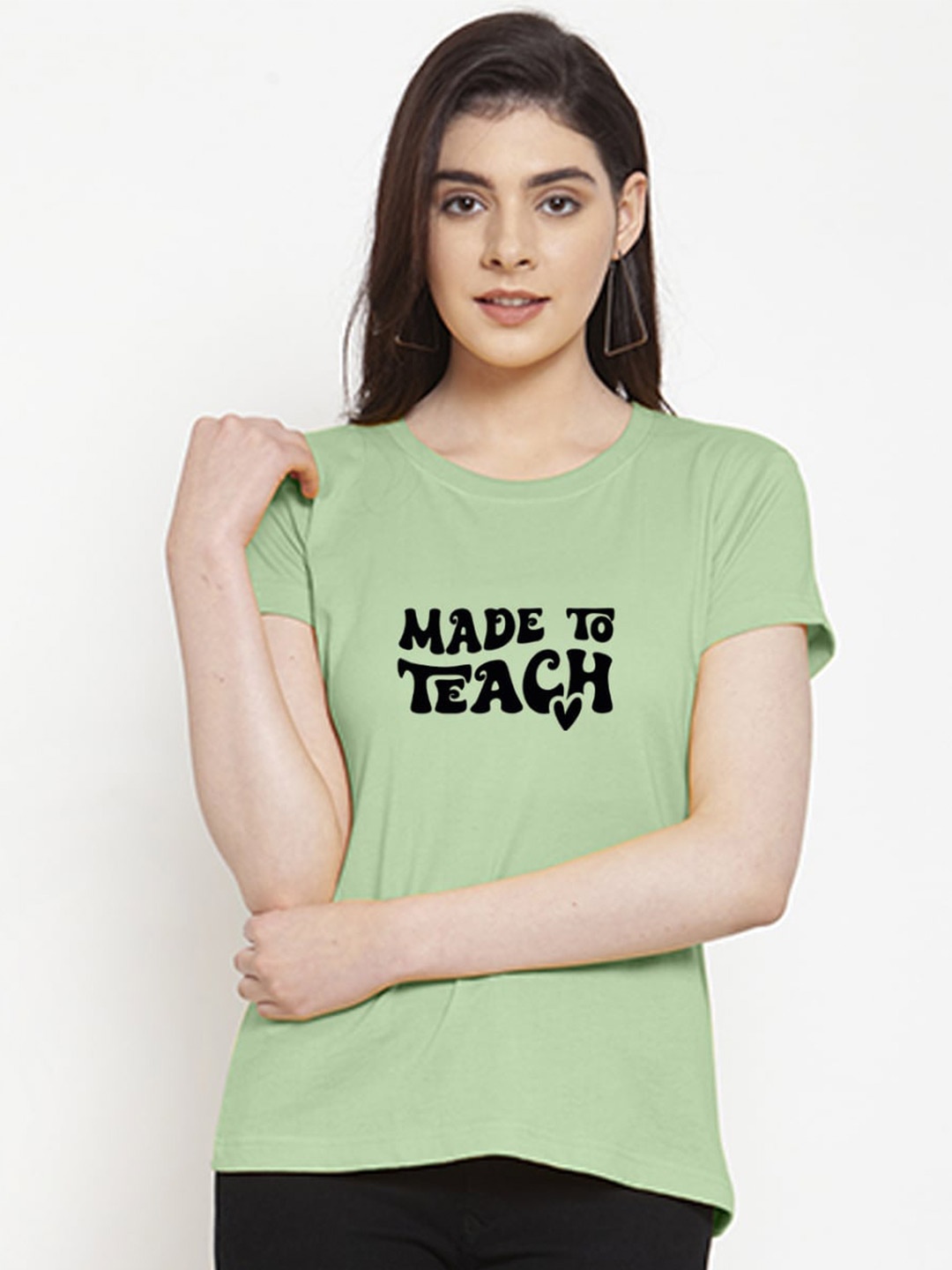 Friskers Women Typography Printed Pockets Slim Fit T-shirt, Sea green