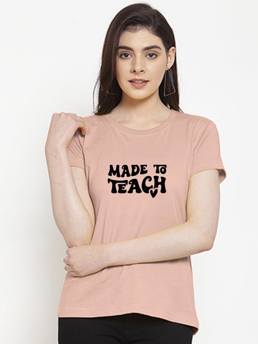 

Friskers Women Typography Printed V-Neck Pockets Slim Fit T-shirt, Coral