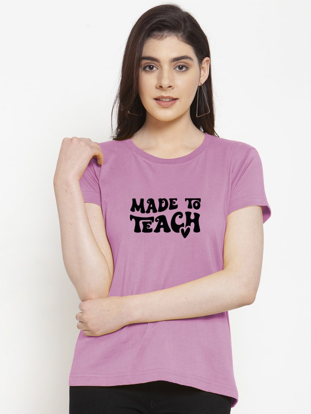 

Friskers Women Typography Printed Pockets Slim Fit T-shirt, Purple