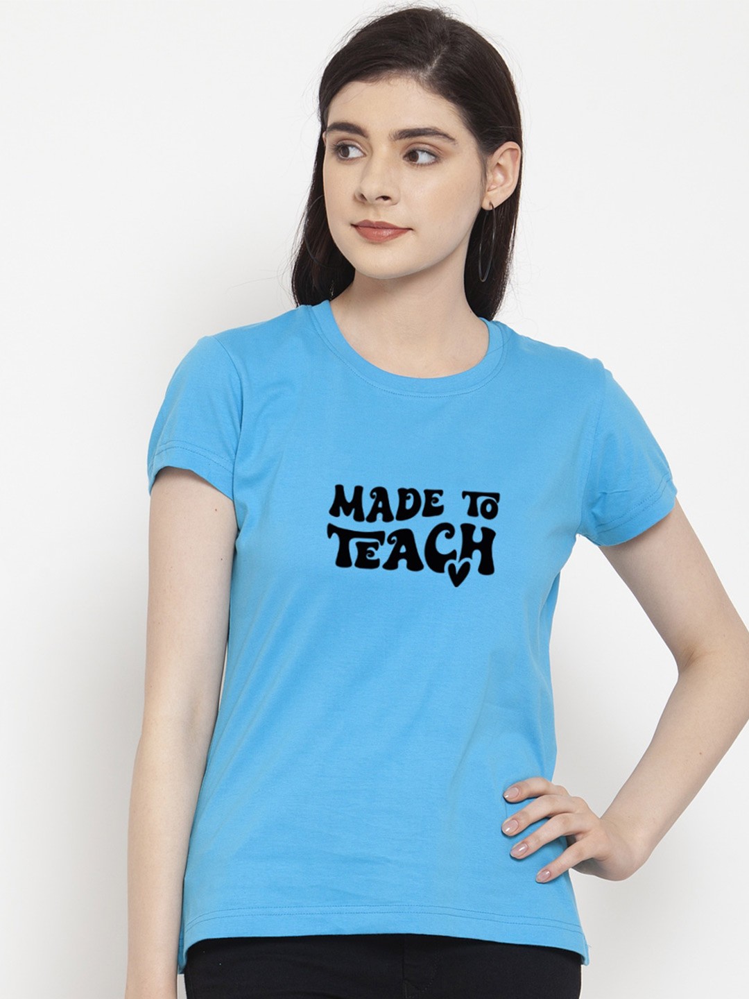 

Friskers Women Typography Printed Pockets Slim Fit T-shirt, Turquoise blue