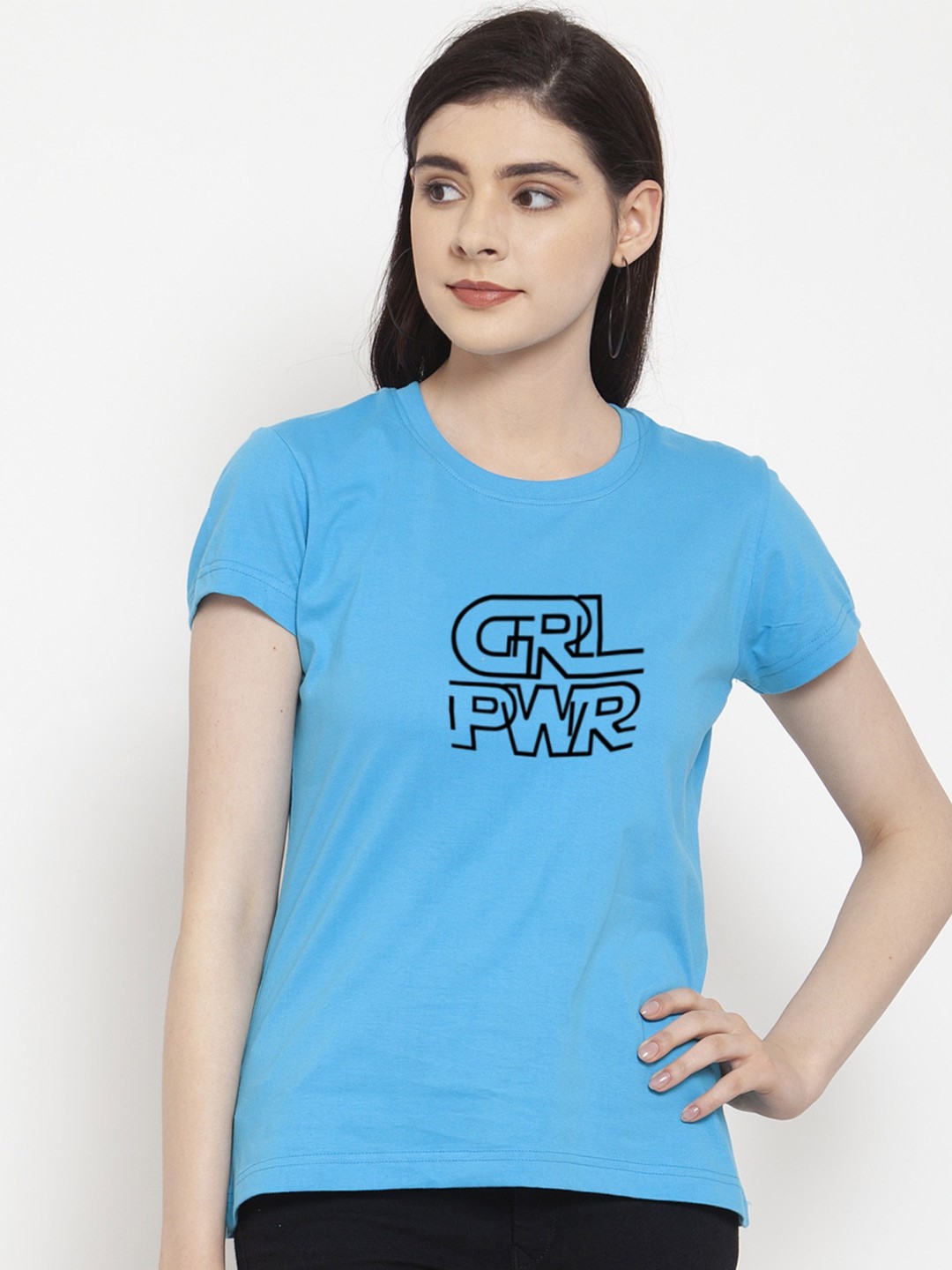

Friskers Women Typography Printed Pockets Slim Fit T-shirt, Turquoise blue