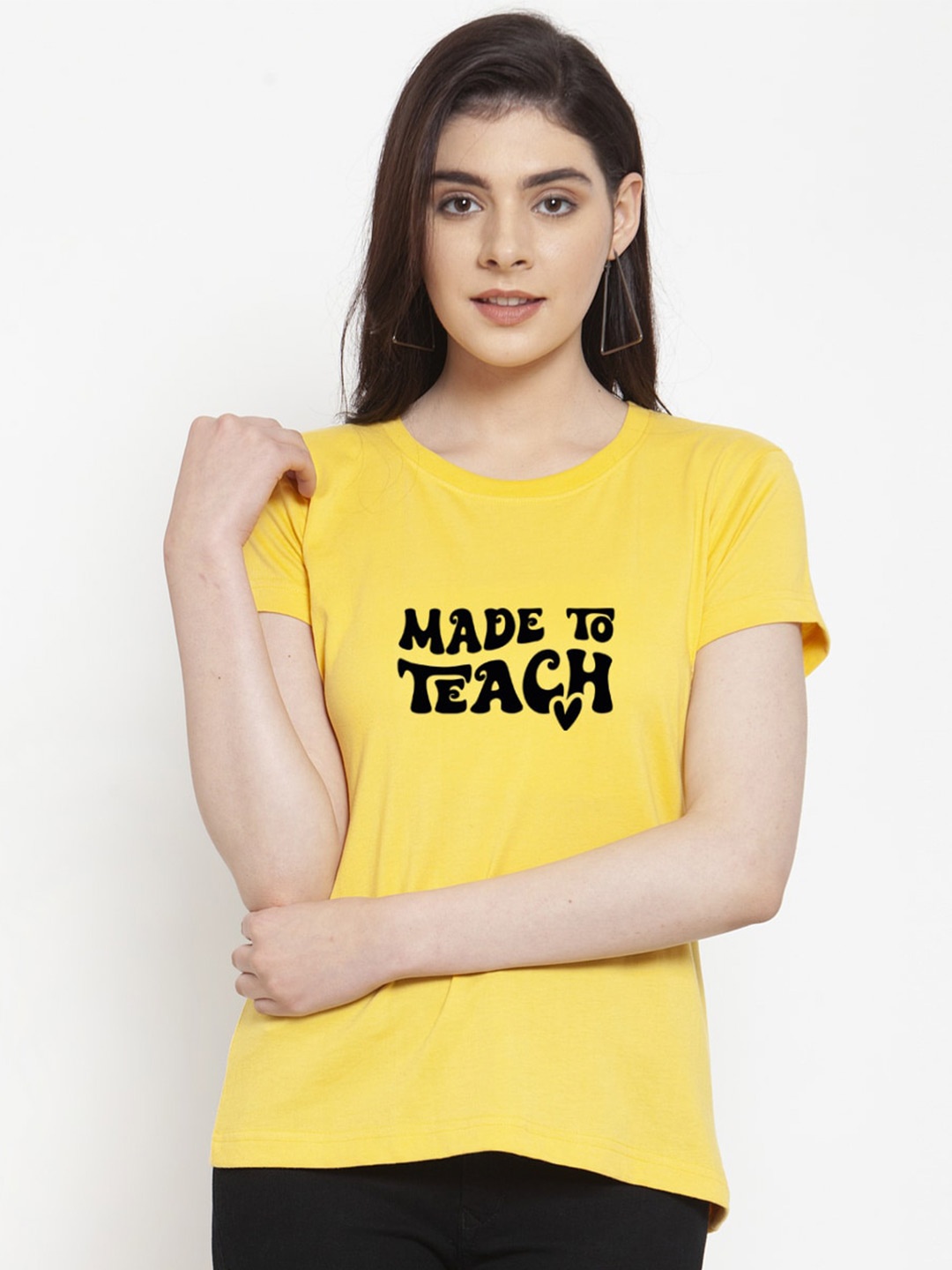 

Friskers Women Typography Printed Pockets Slim Fit T-shirt, Yellow