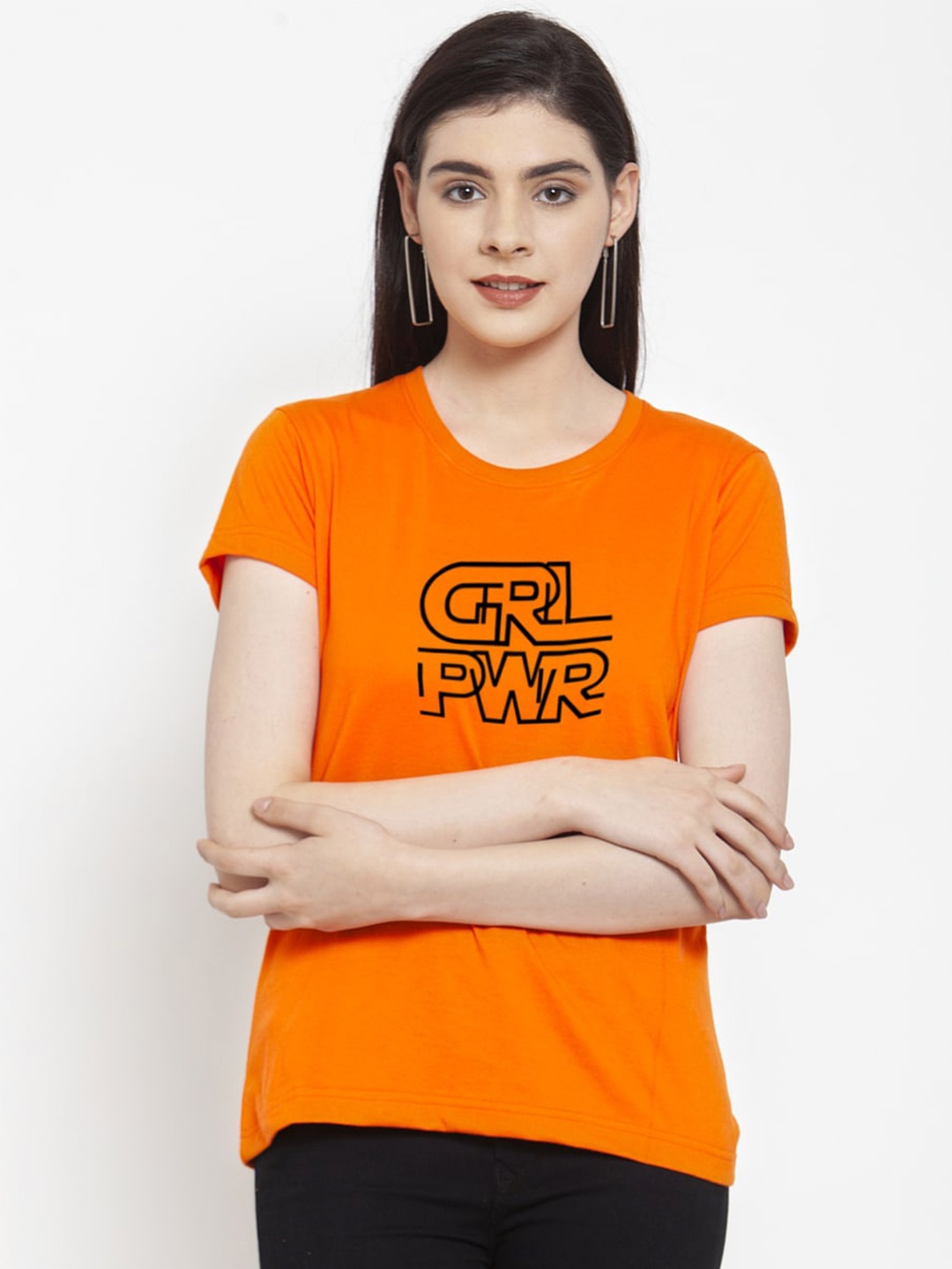 Friskers Women Typography Printed Applique Slim Fit T-shirt, Orange