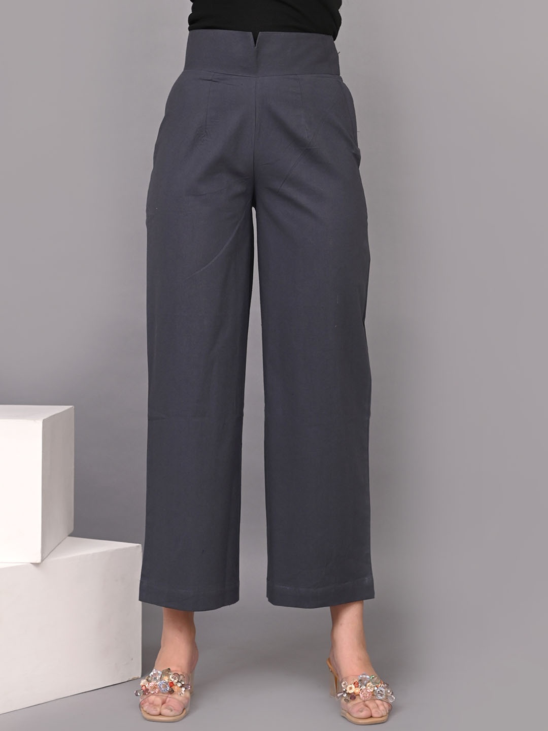 

IQRAAR Women High-Rise Cotton Trousers, Grey