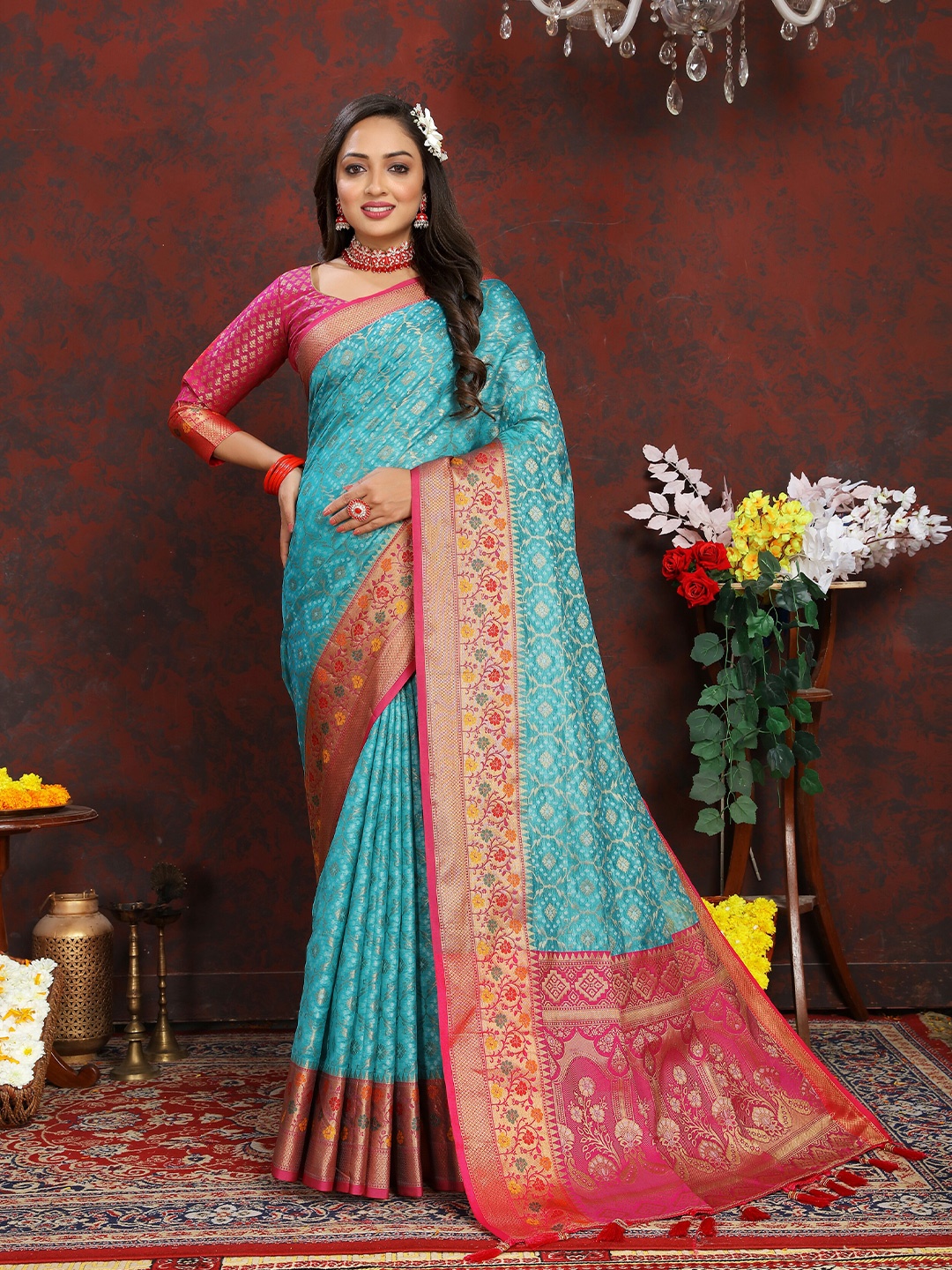 

YAVIRA SILK Woven Design Zari Organza Banarasi Saree, Sea green