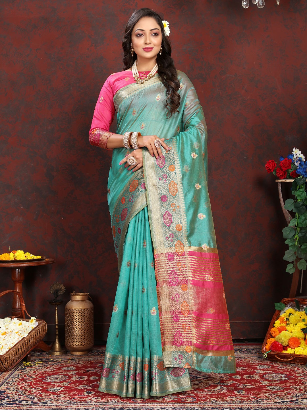 

YAVIRA SILK Woven Design Zari Organza Banarasi Saree, Sea green
