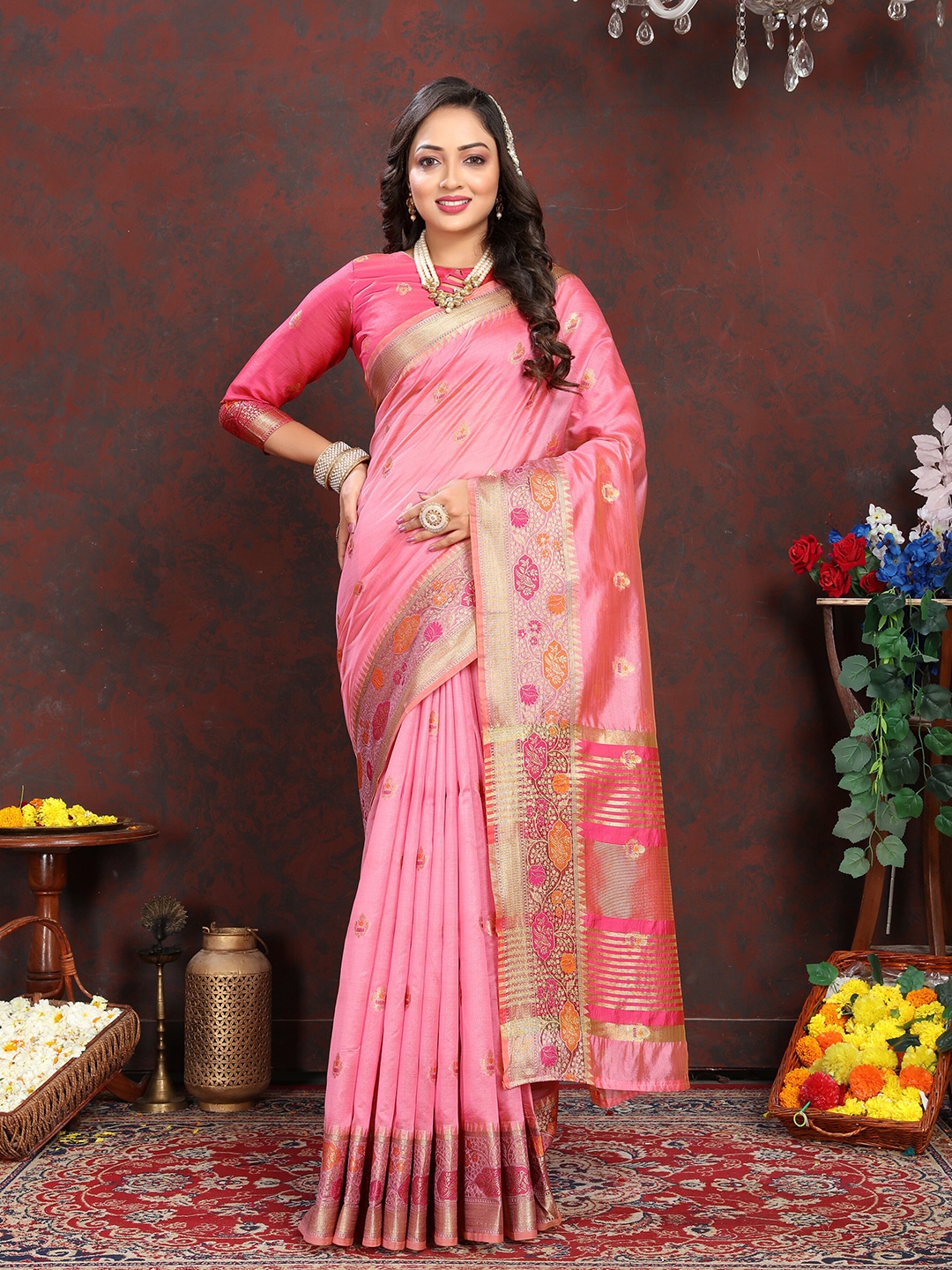 

YAVIRA SILK Woven Design Zari Organza Banarasi Saree, Pink