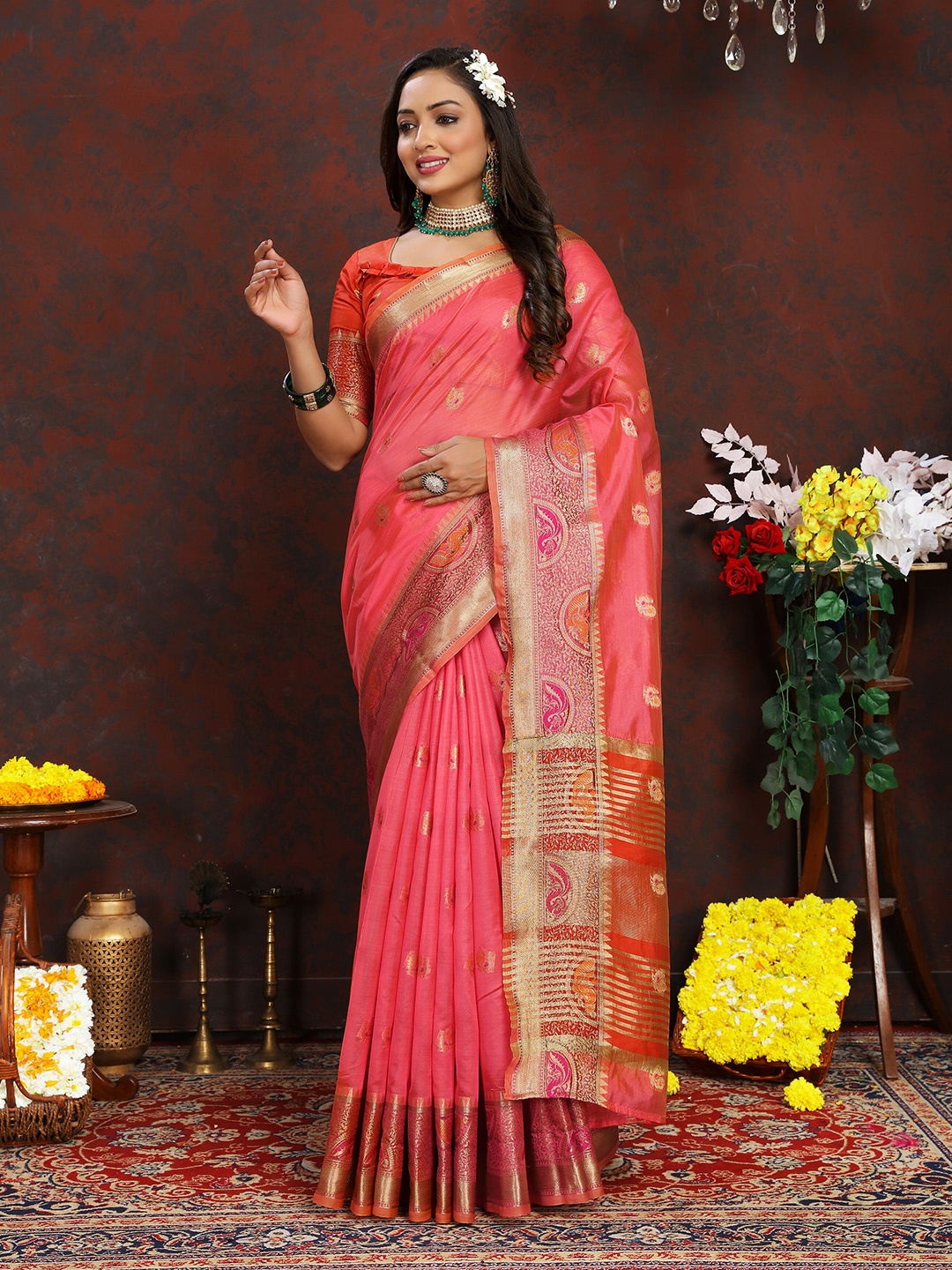 

YAVIRA SILK Woven Design Zari Organza Banarasi Saree, Pink