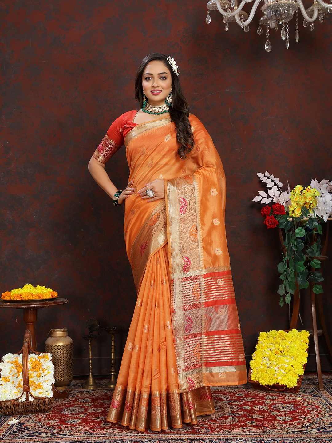 

YAVIRA SILK Woven Design Zari Organza Banarasi Saree, Peach