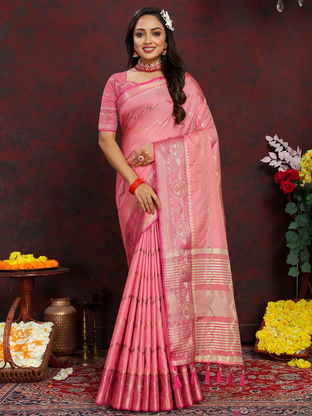 

YAVIRA SILK Woven Design Zari Silk Cotton Banarasi Saree, Pink