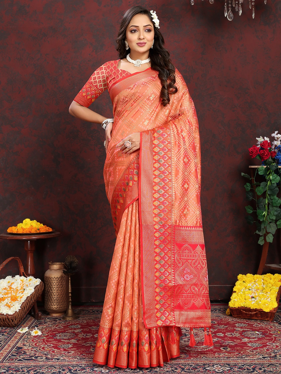 

YAVIRA SILK Woven Design Zari Organza Banarasi Saree, Peach