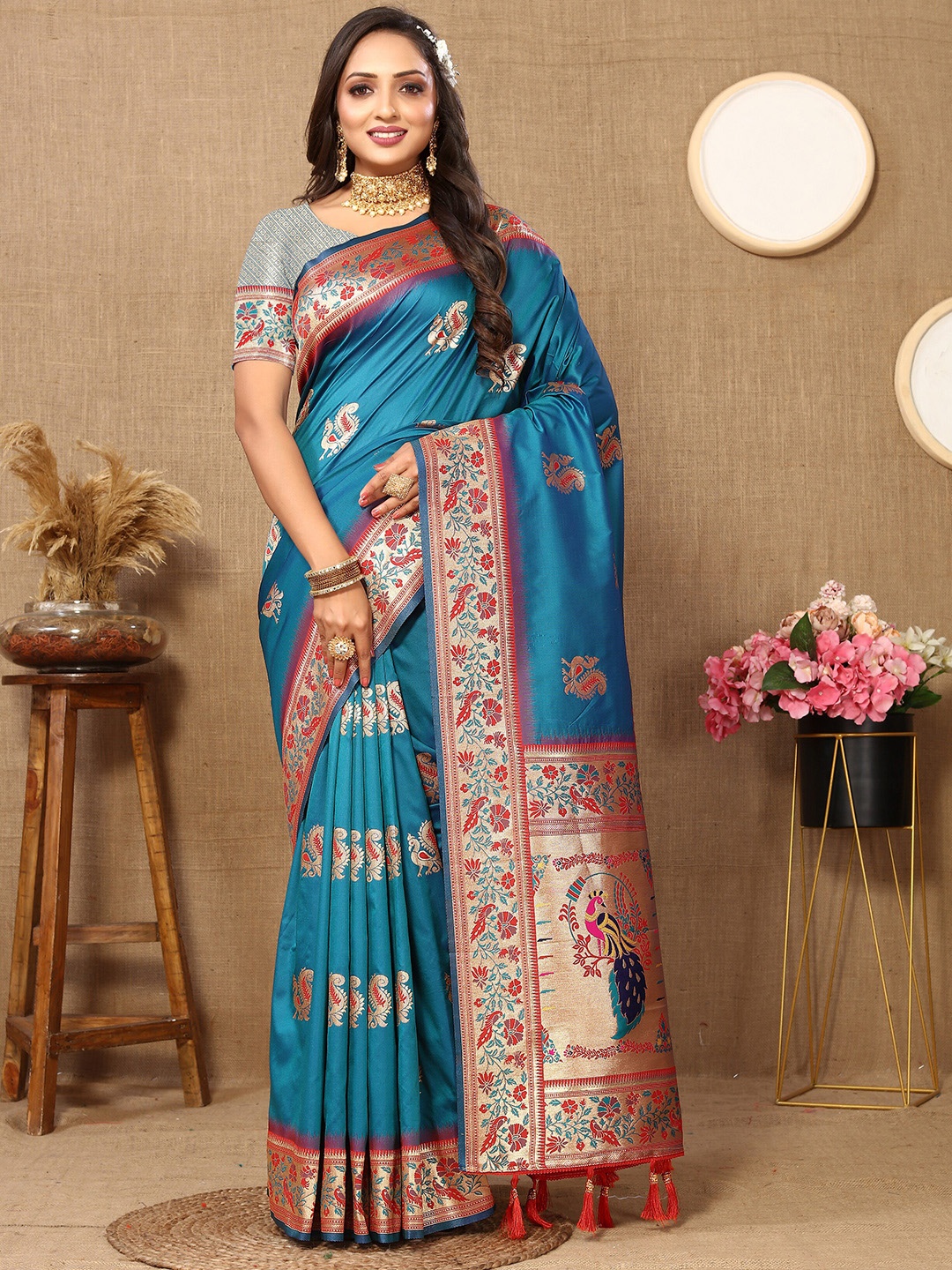 

YAVIRA SILK Woven Design Zari Art Silk Paithani Saree, Sea green