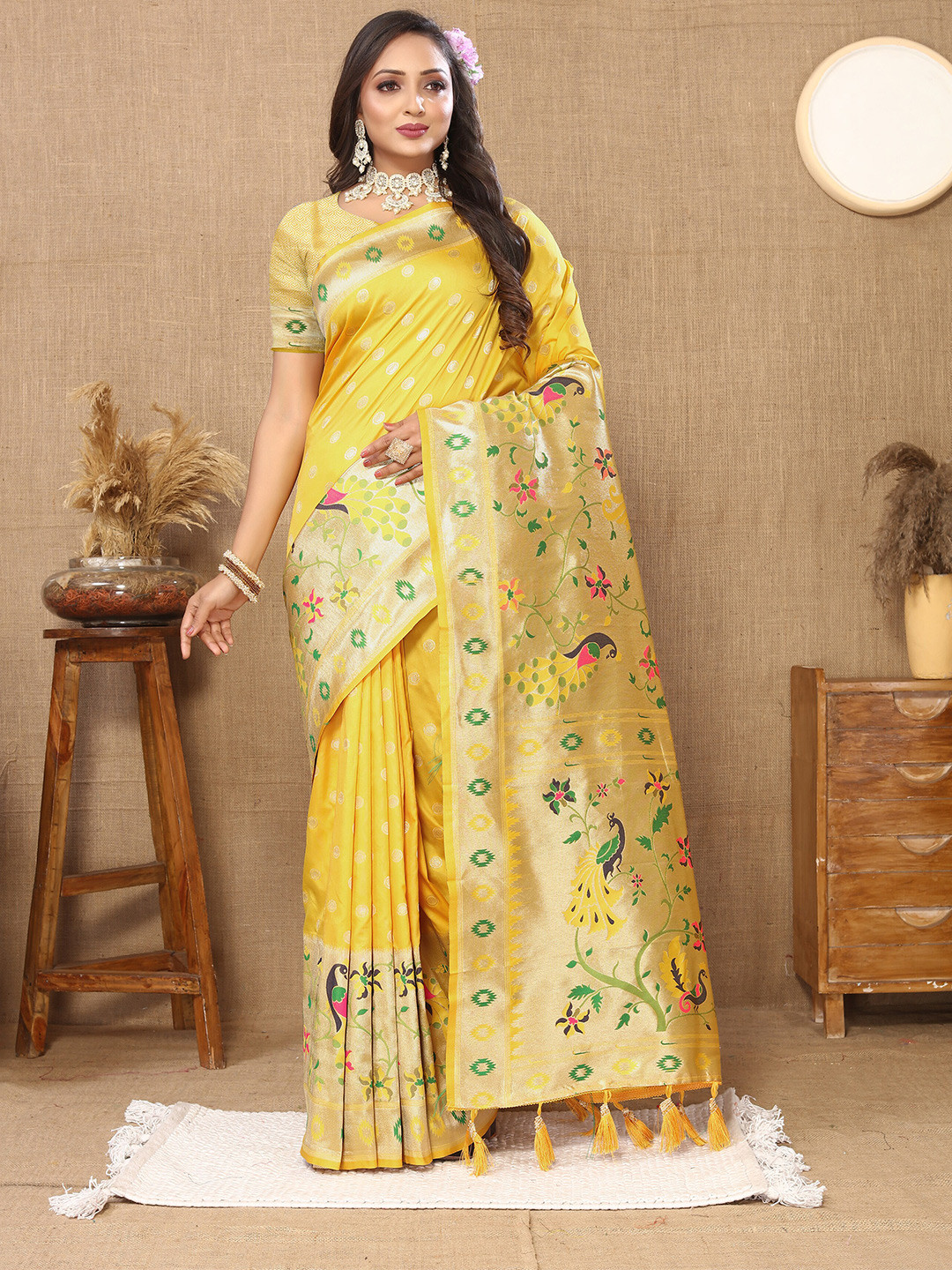 

YAVIRA SILK Woven Design Zari Art Silk Paithani Saree, Yellow