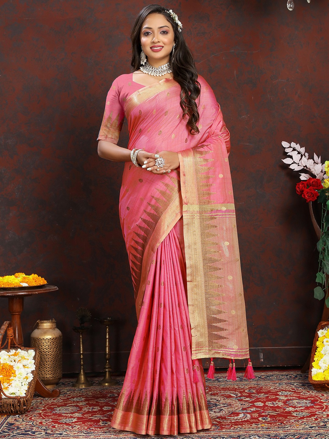 

YAVIRA SILK Woven Design Zari Silk Cotton Banarasi Saree, Pink