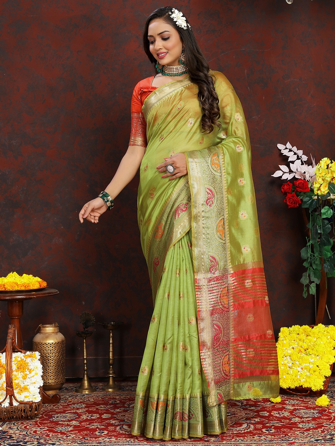 

YAVIRA SILK Woven Design Zari Organza Banarasi Saree, Lime green
