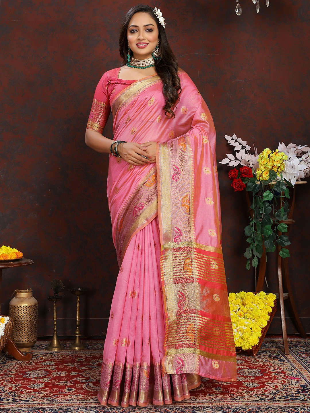 

YAVIRA SILK Woven Design Zari Organza Banarasi Saree, Pink