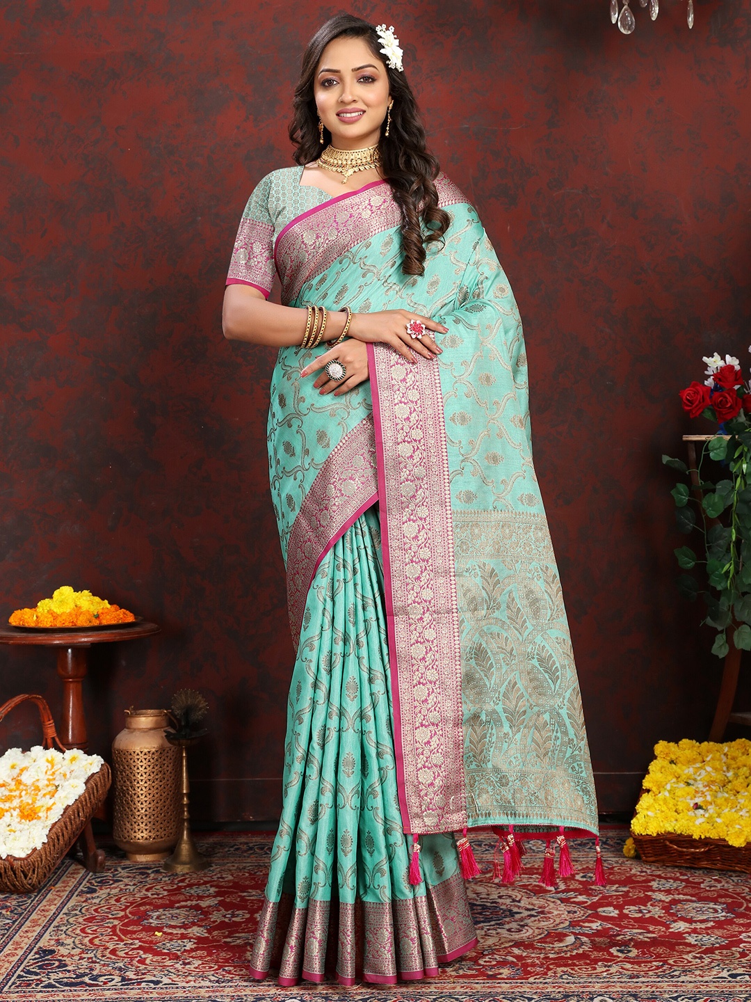

YAVIRA SILK Woven Design Zari Silk Cotton Banarasi Saree, Sea green