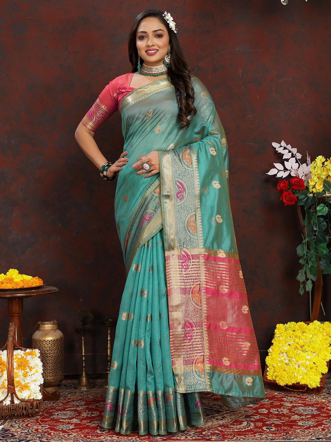 

YAVIRA SILK Woven Design Zari Organza Banarasi Saree, Sea green