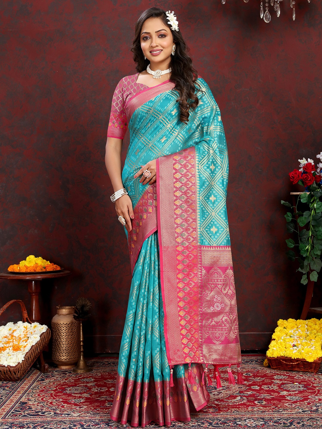 

YAVIRA SILK Woven Design Zari Organza Banarasi Saree, Sea green