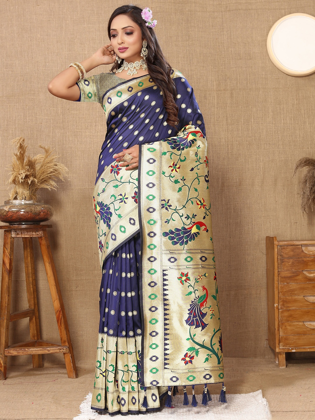 

YAVIRA SILK Woven Design Zari Art Silk Paithani Saree, Navy blue