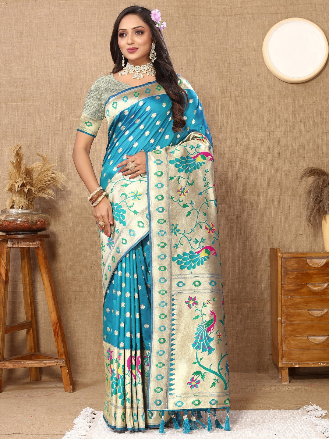 

YAVIRA SILK Woven Design Zari Art Silk Paithani Saree, Sea green