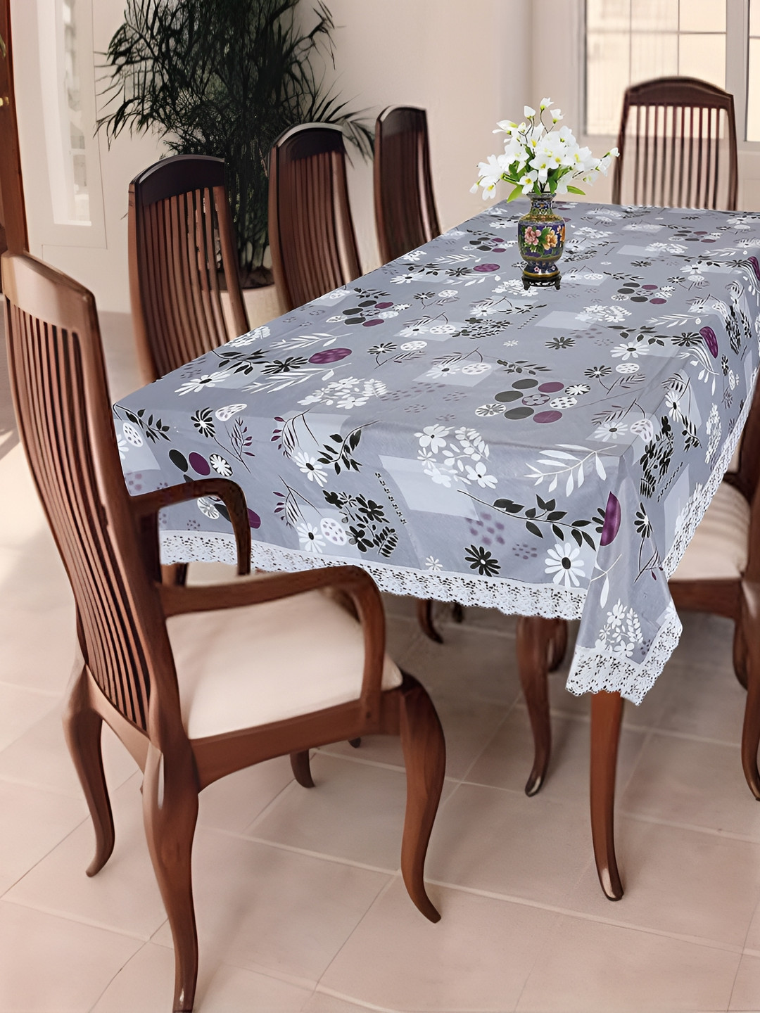 

Homerz Grey Floral Waterproof Plastic 8-Seater Table Cover