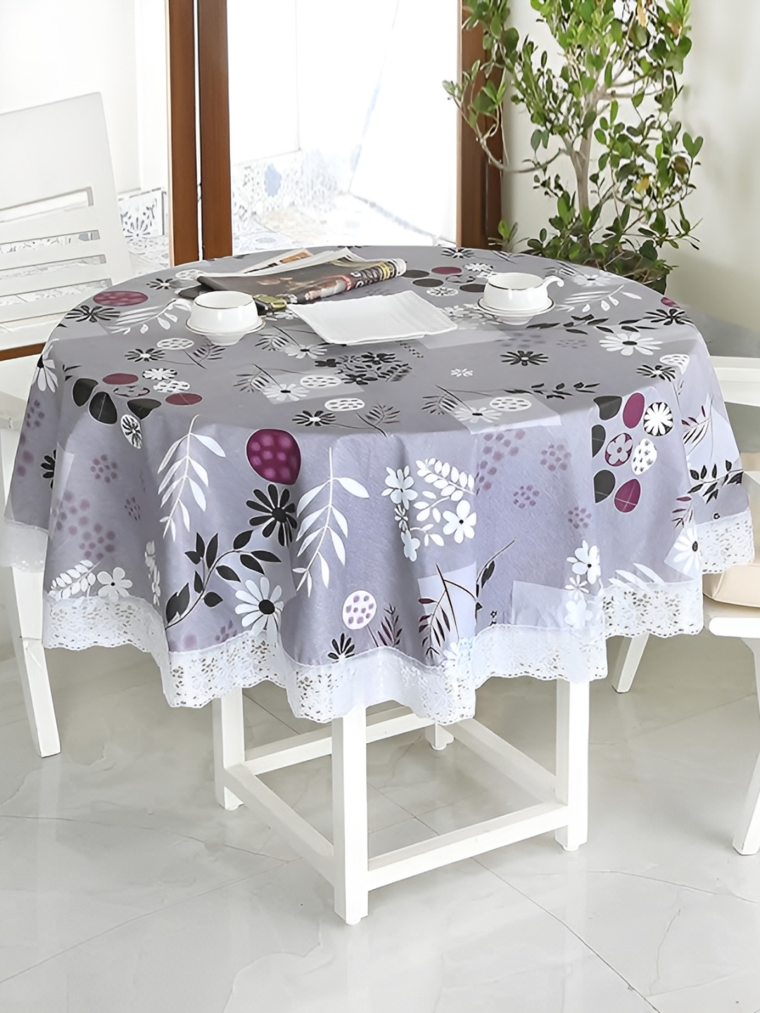 

Homerz Grey Ethnic Motifs Waterproof Plastic Round 4-Seater Table Cover