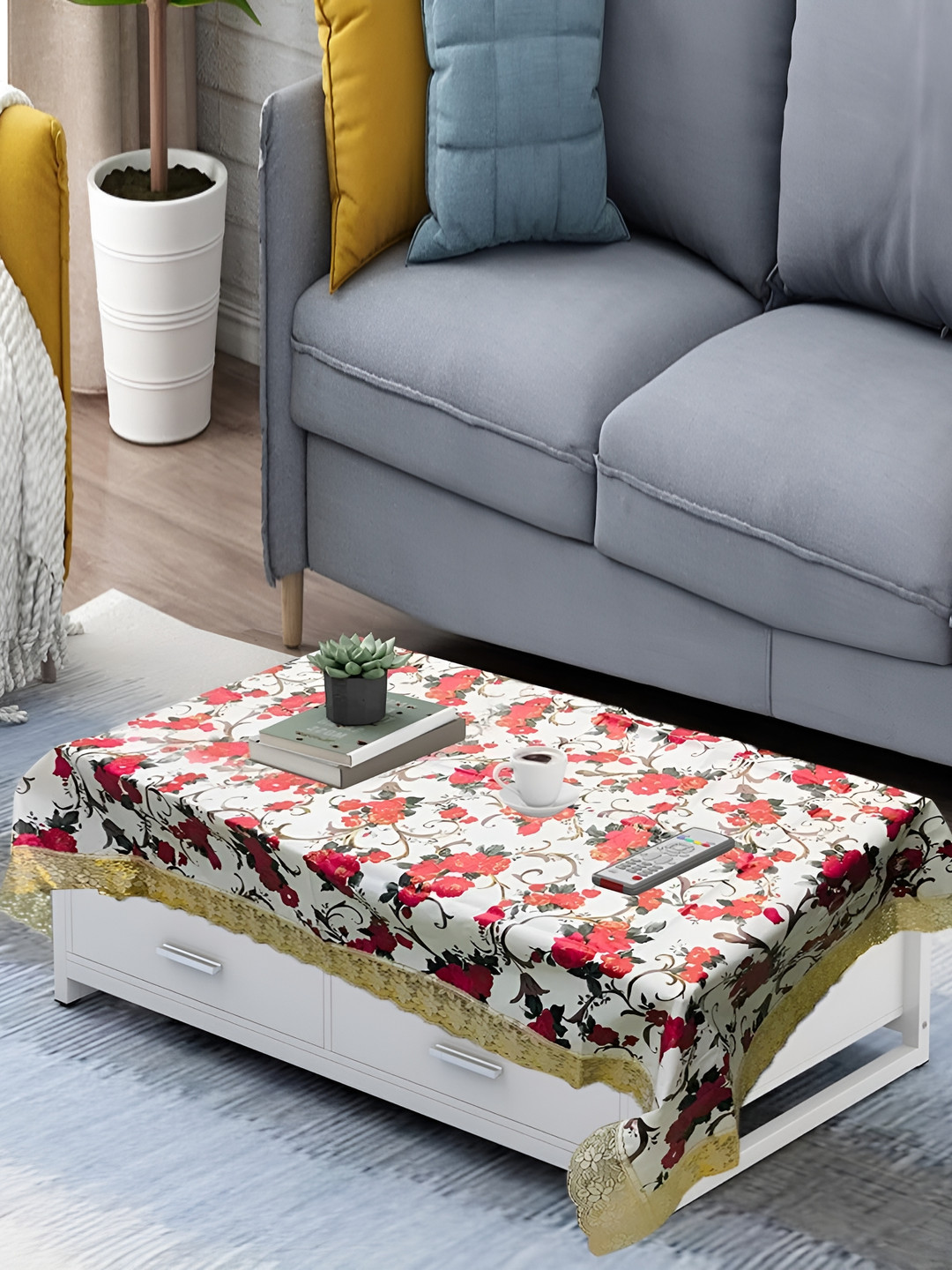 

Homerz White Floral Waterproof Plastic 4-Seater Table Cover