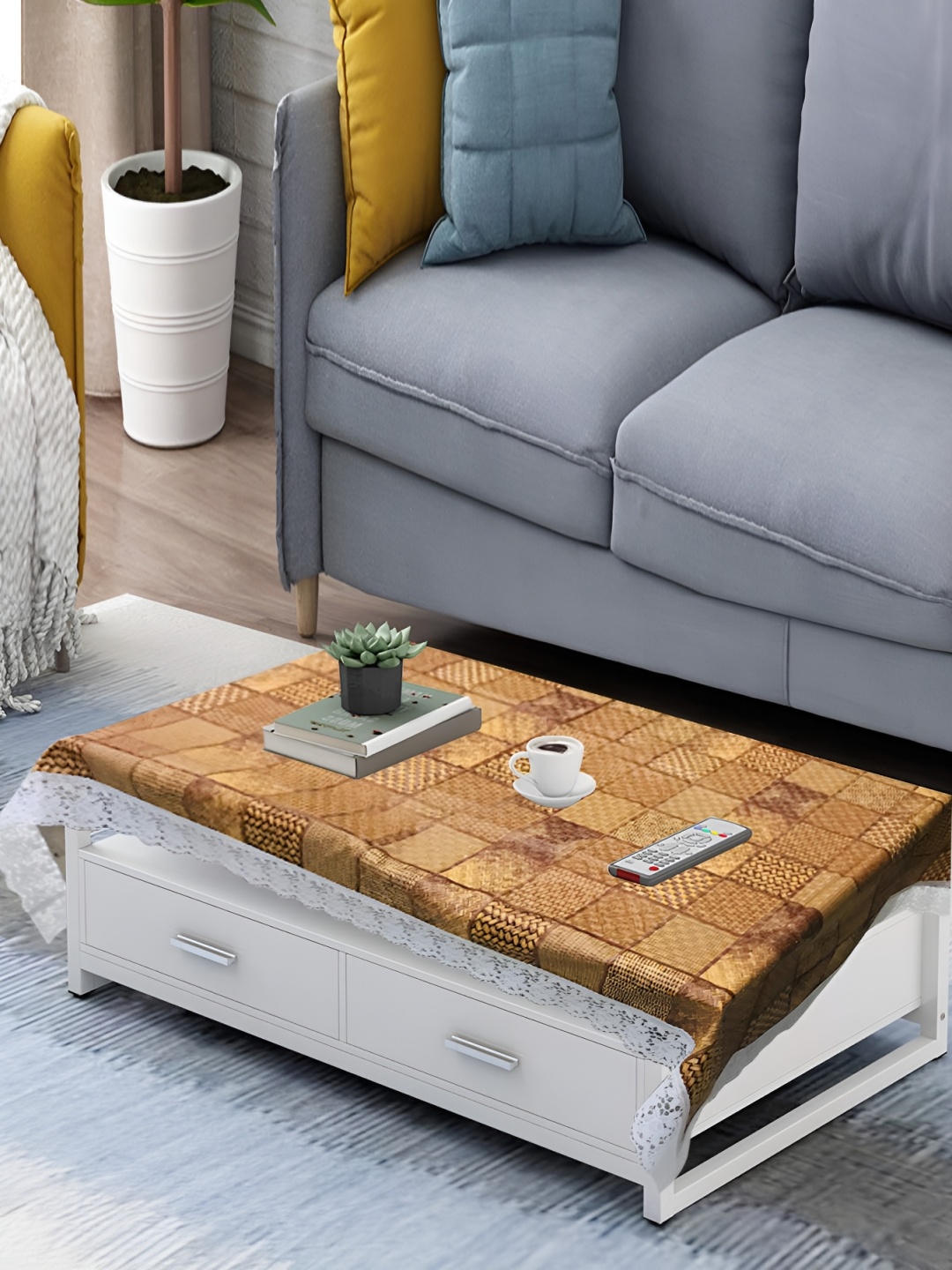 

Homerz Brown Geometric Printed Waterproof Plastic 4-Seater Table Cover