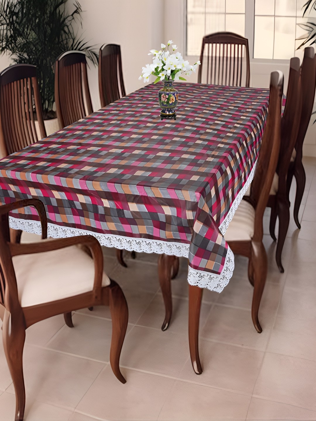 

Homerz Pink Geometric Printed Waterproof Plastic 8-Seater Table Cover