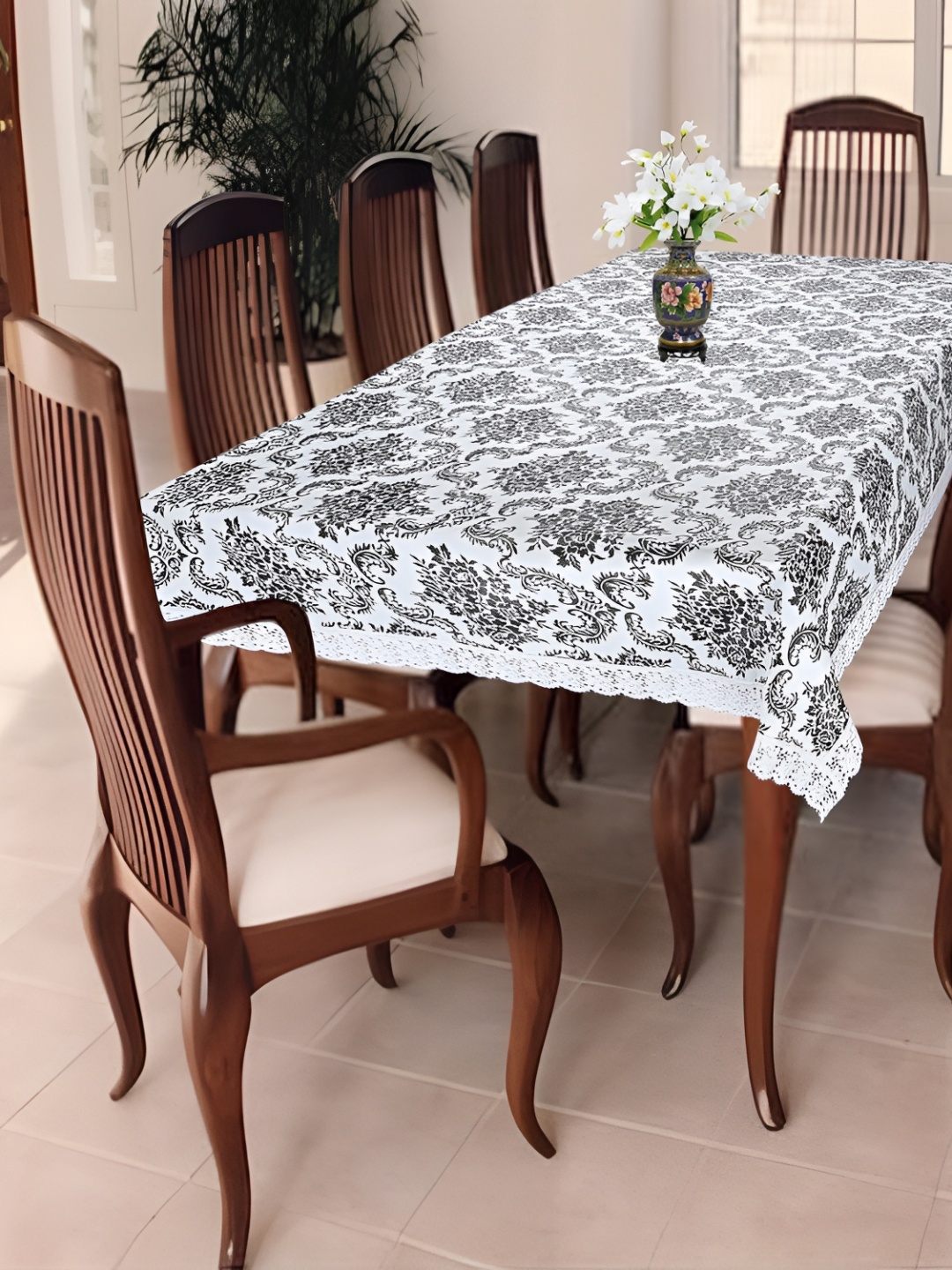 

Homerz White Ethnic Motifs Waterproof Plastic 8-Seater Table Cover