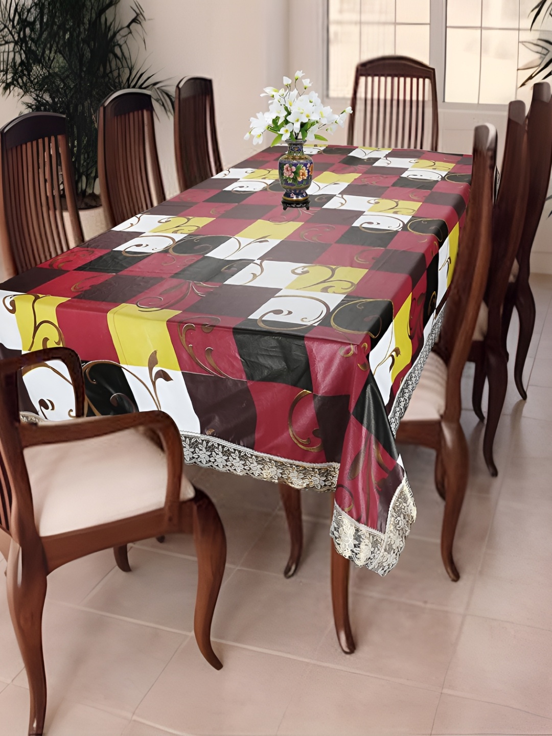 

Homerz Red Geometric Printed Waterproof Plastic 8-Seater Table Cover
