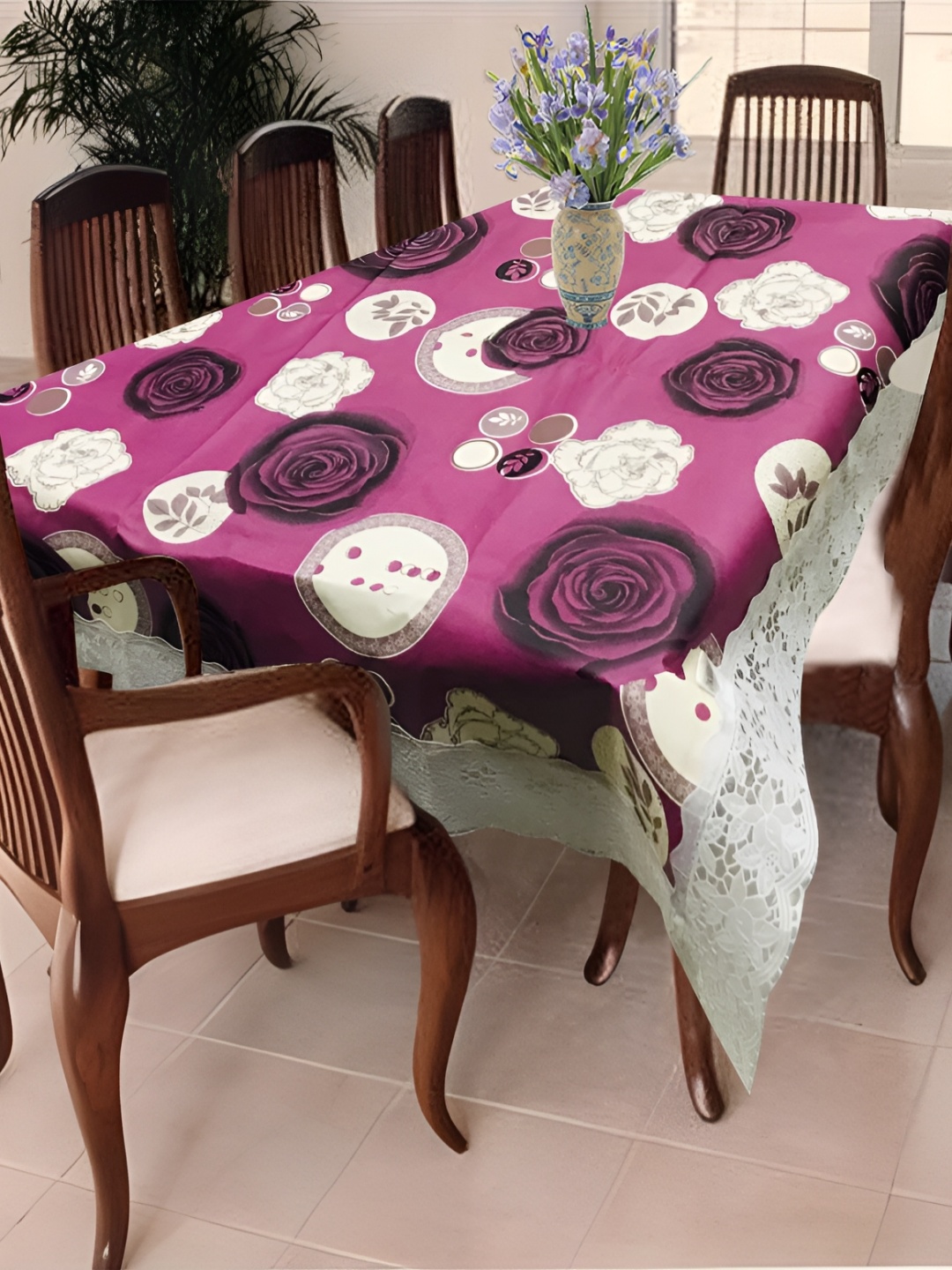 

Homerz White Floral Waterproof Plastic 8-Seater Table Cover