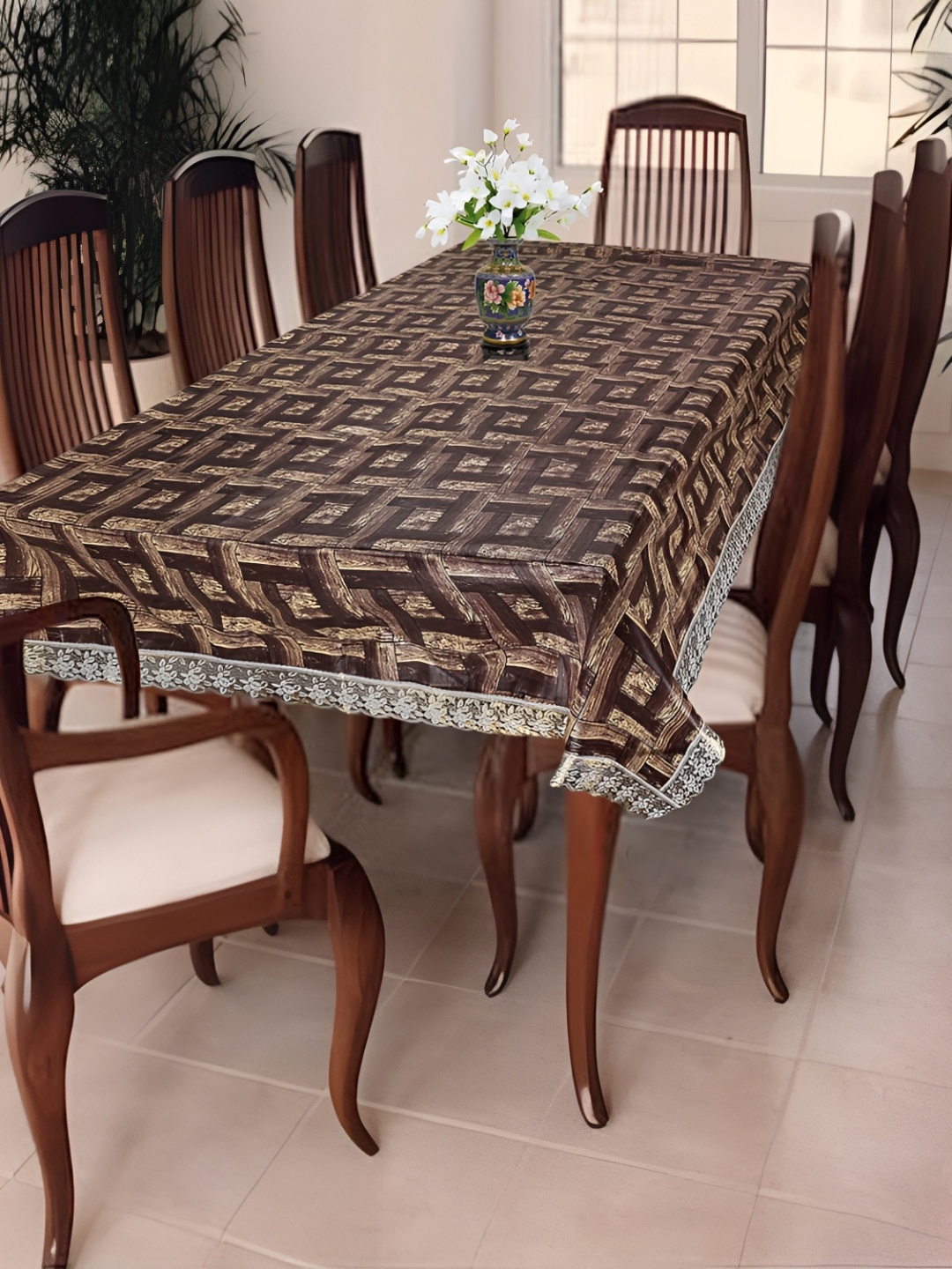 

Homerz Brown Geometric Printed Waterproof Plastic 8-Seater Table Cover