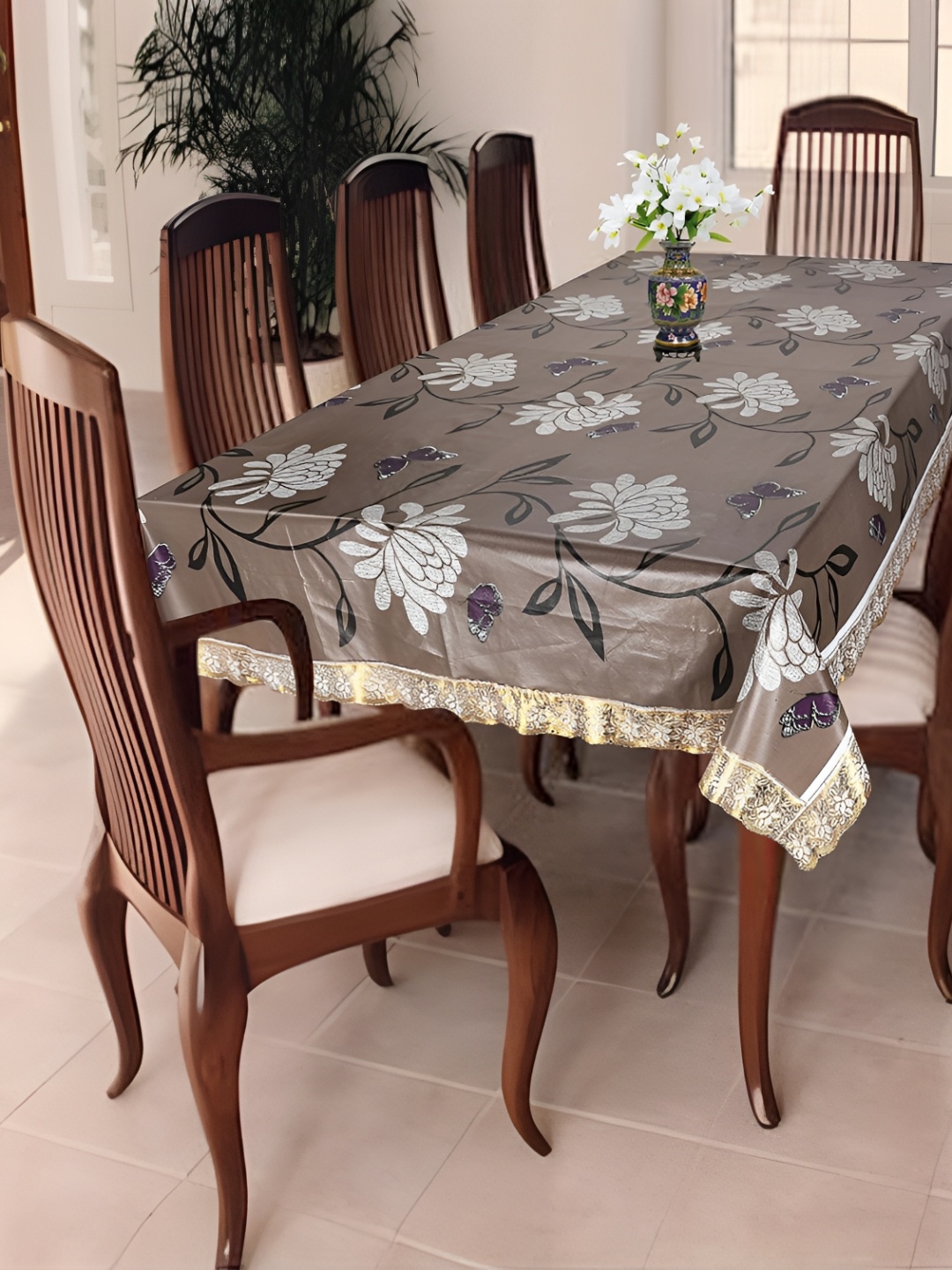 

Homerz Brown Floral Waterproof Plastic 8-Seater Table Cover