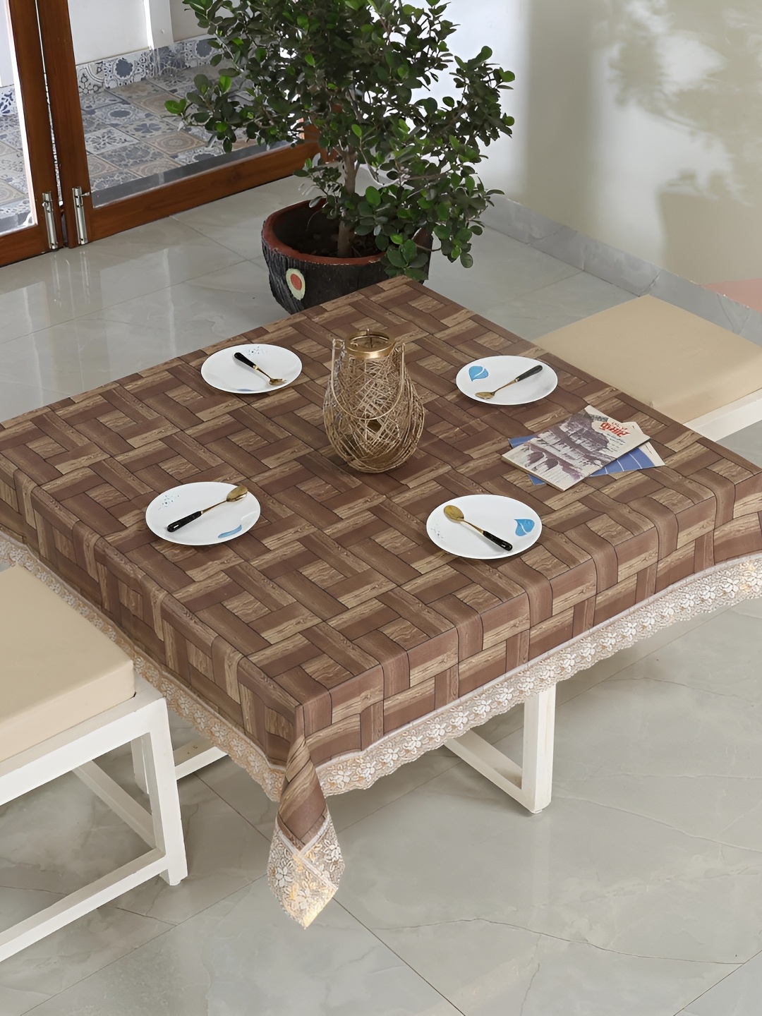 

Homerz Brown Geometric Printed Waterproof Plastic 4-Seater Table Cover