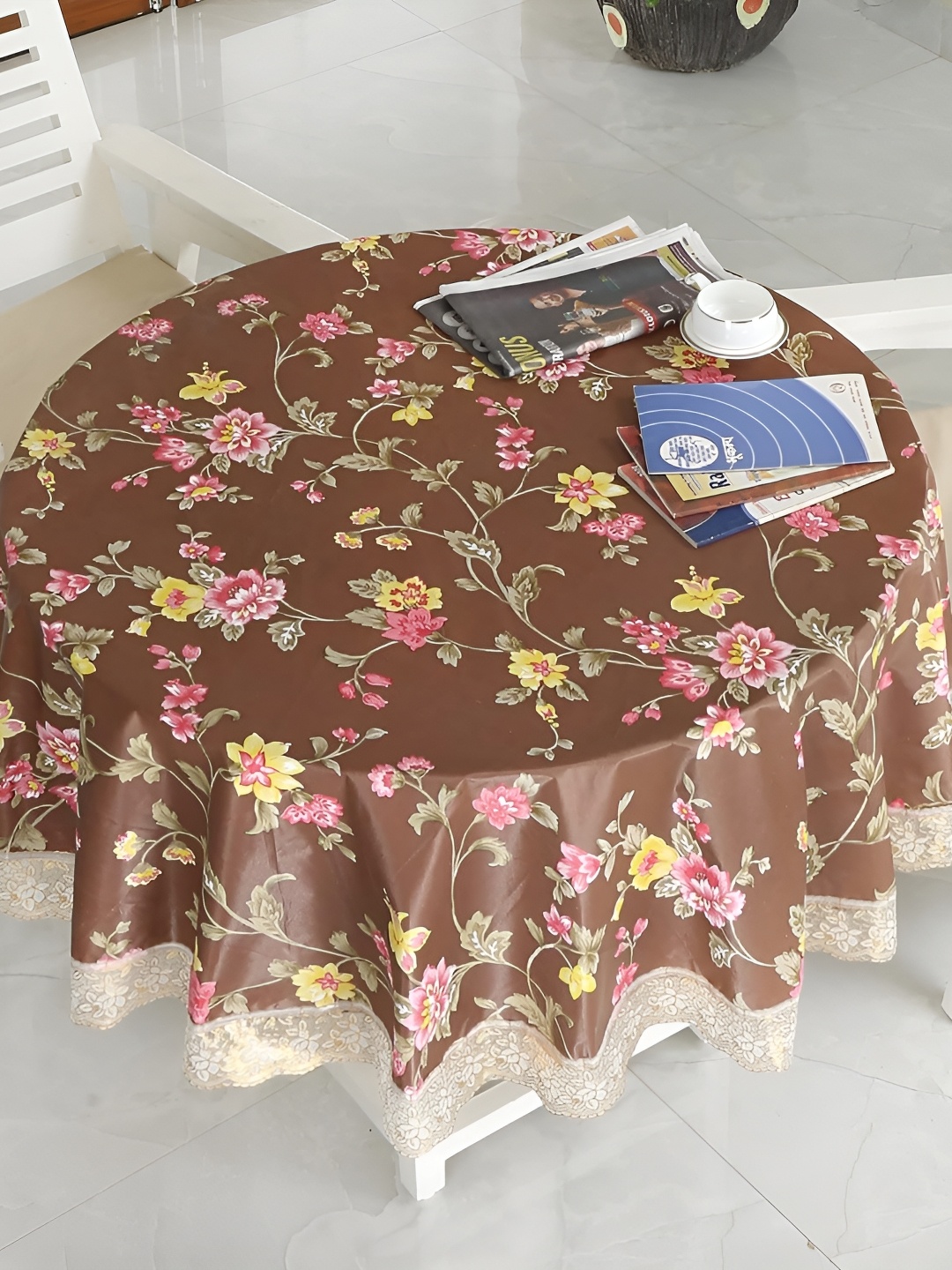 

Homerz Brown Floral Waterproof Plastic Round 4-Seater Table Cover