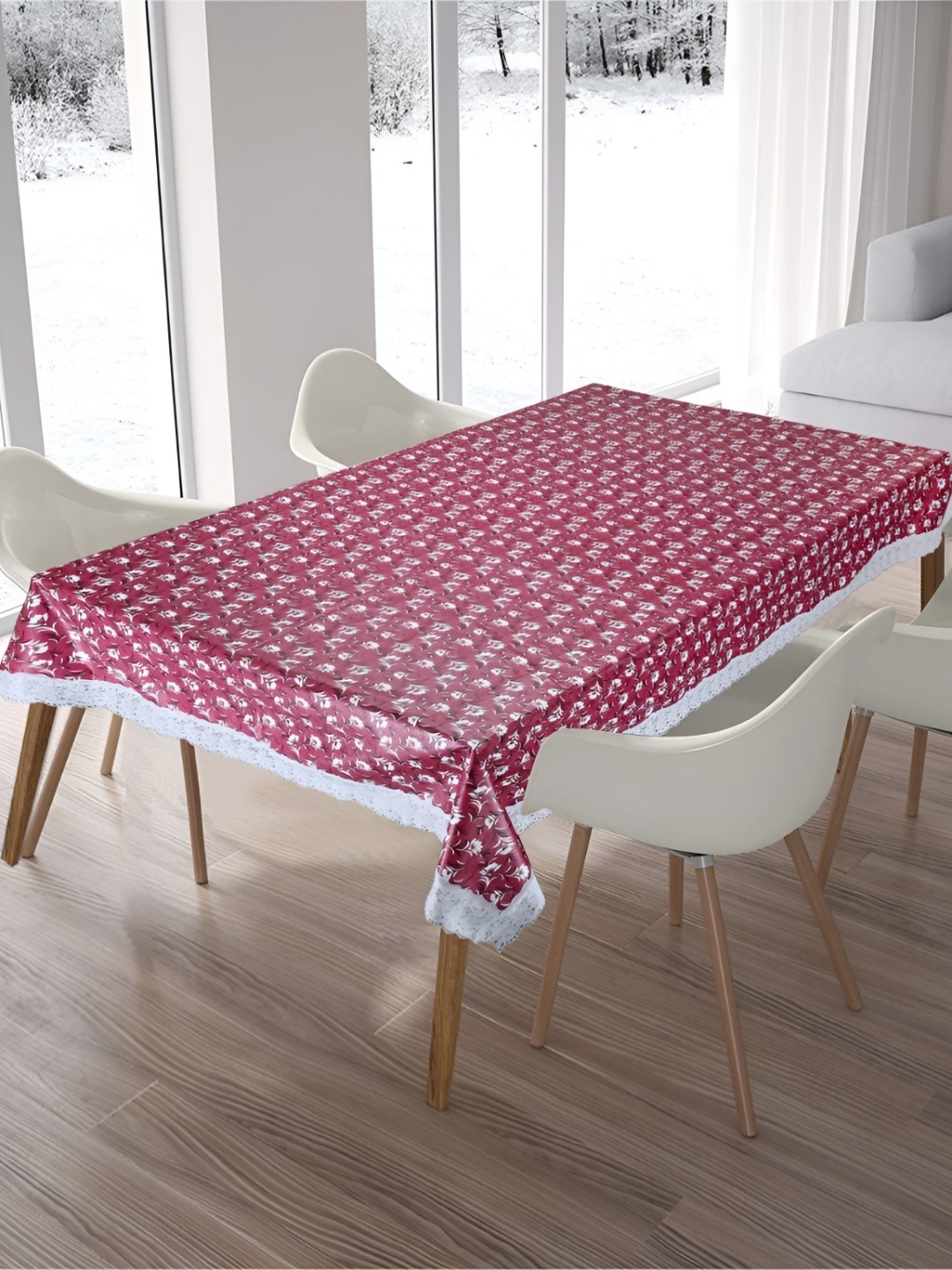 

Homerz Red Floral Waterproof Plastic 6-Seater Table Cover