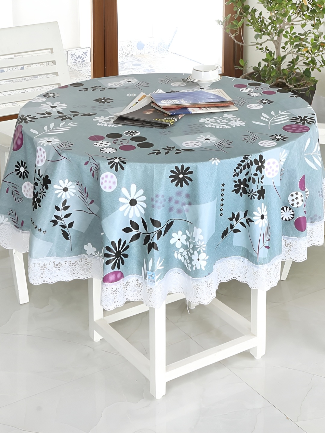 

Homerz Sea Green Floral Waterproof Plastic Round 4-Seater Table Cover