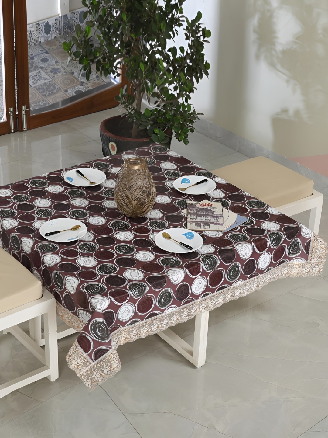 

Homerz White Floral Waterproof Plastic 4-Seater Table Cover