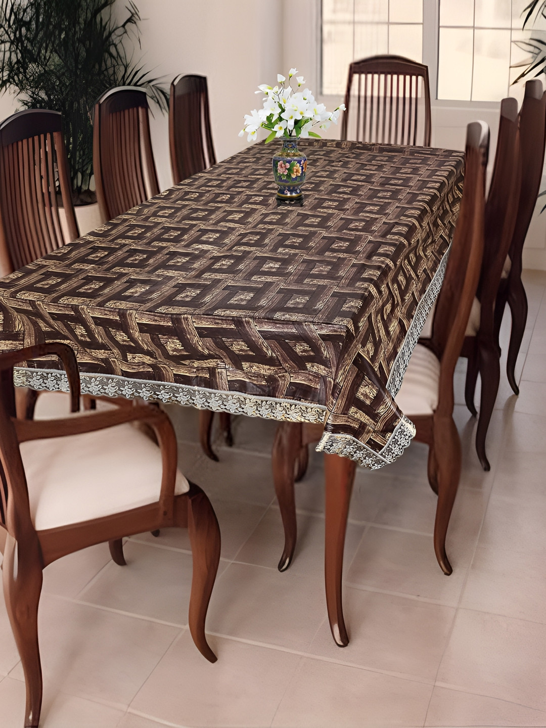 

Homerz Brown Geometric Printed Waterproof Plastic 8-Seater Table Cover