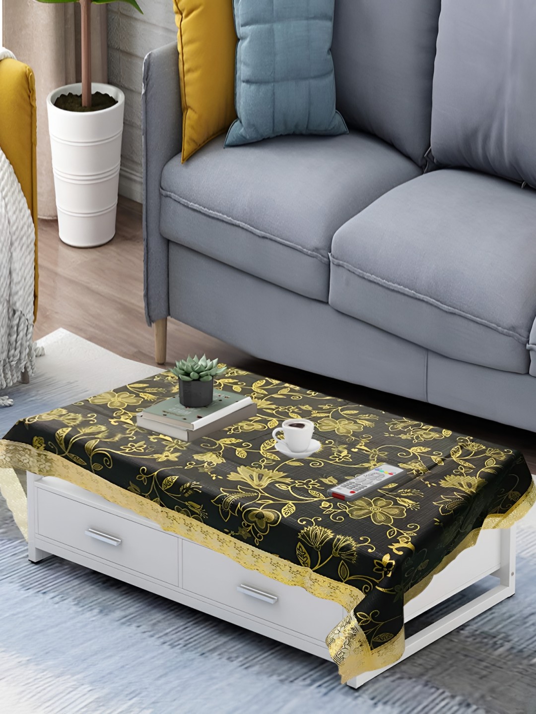 

Homerz Black Floral Waterproof Plastic 4-Seater Table Cover