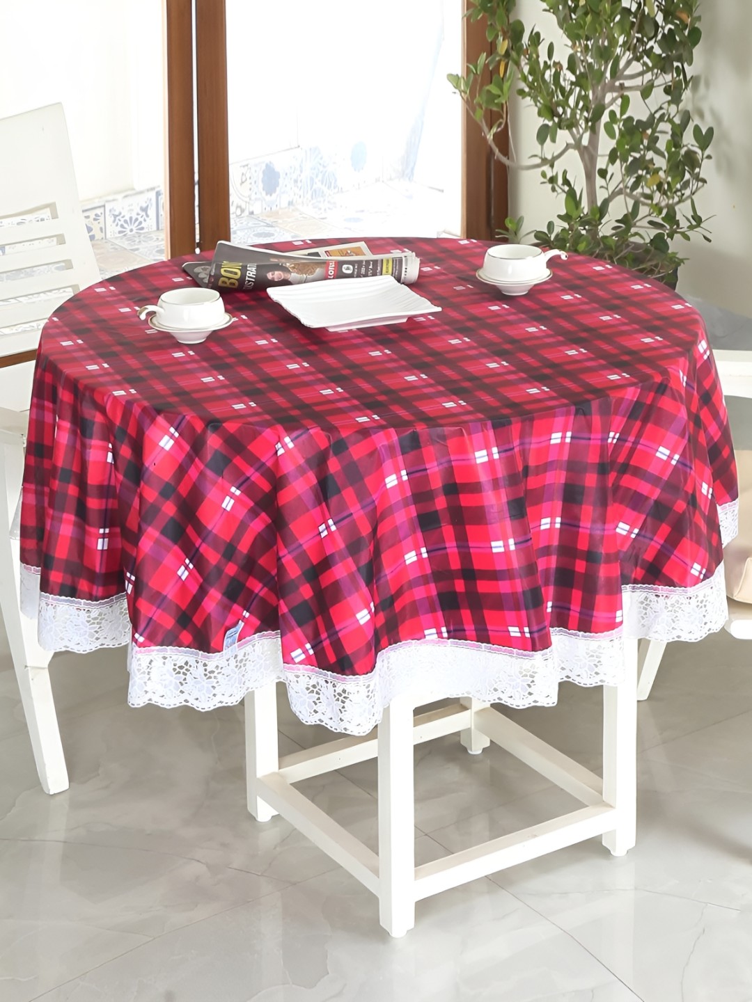 

Homerz Red Geometric Printed Waterproof Plastic 4-Seater Table Cover