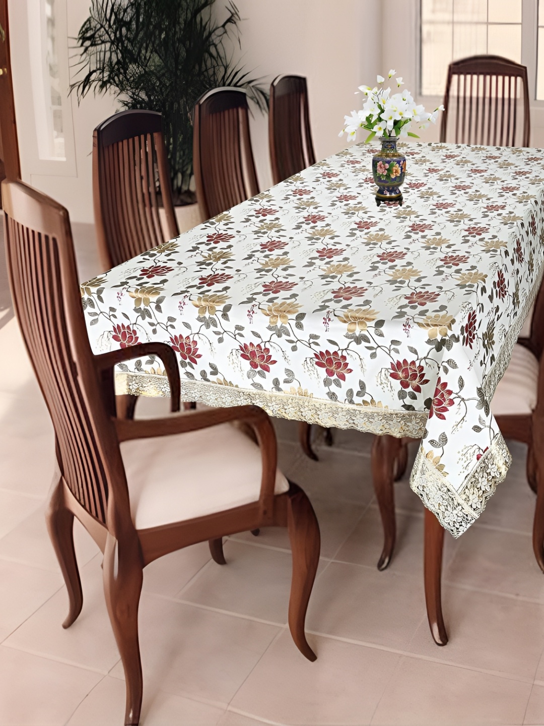 

Homerz White Floral Waterproof Plastic 8-Seater Table Cover
