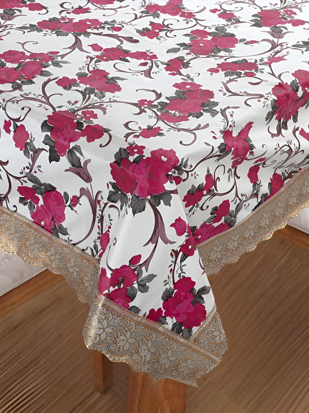 

Homerz Red Floral Waterproof Plastic 4-Seater Table Cover