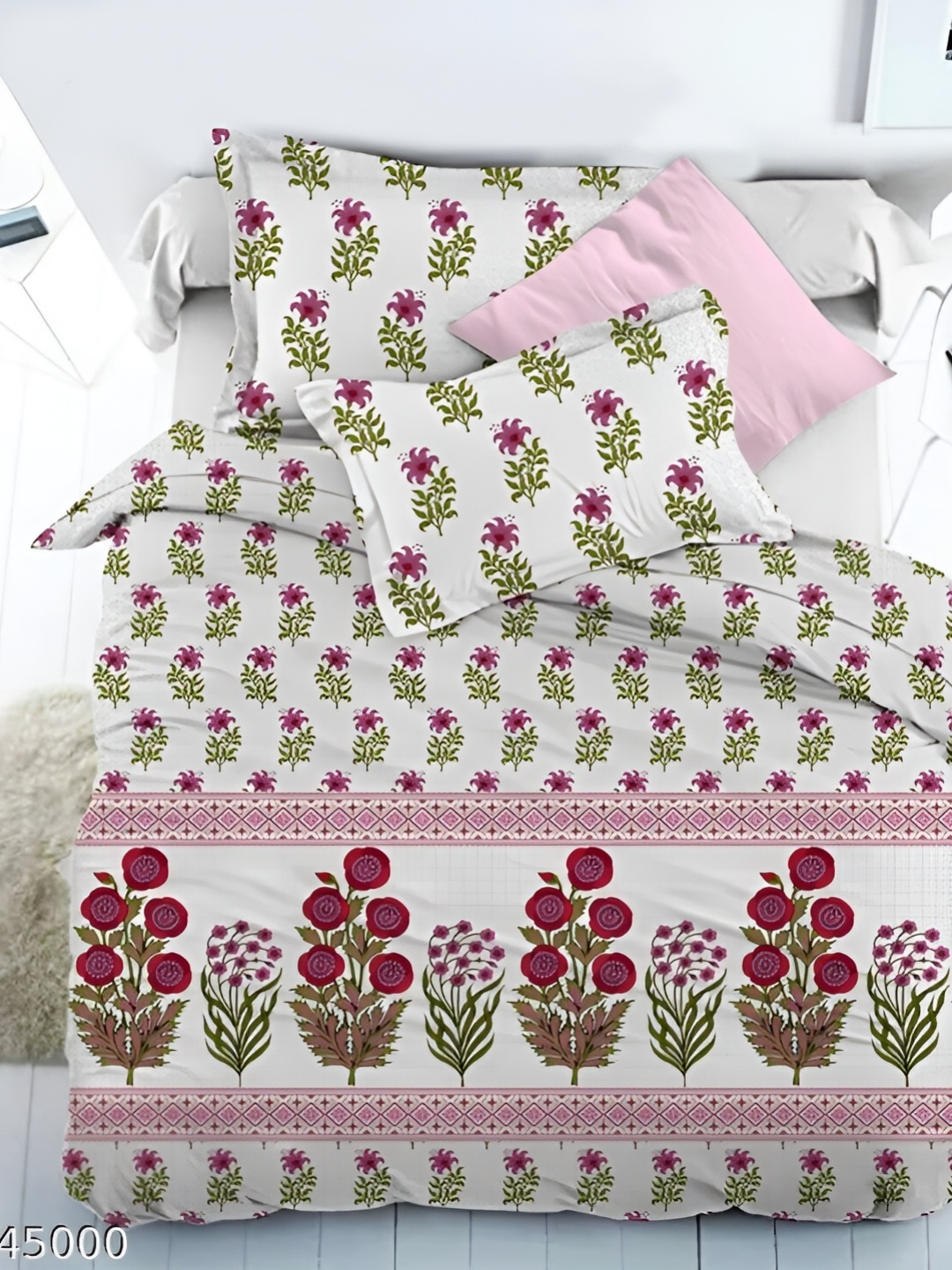 

Bedbathandbliss Green & White Floral 300 TC Cotton Single Bedsheet With 2 Pillow Covers