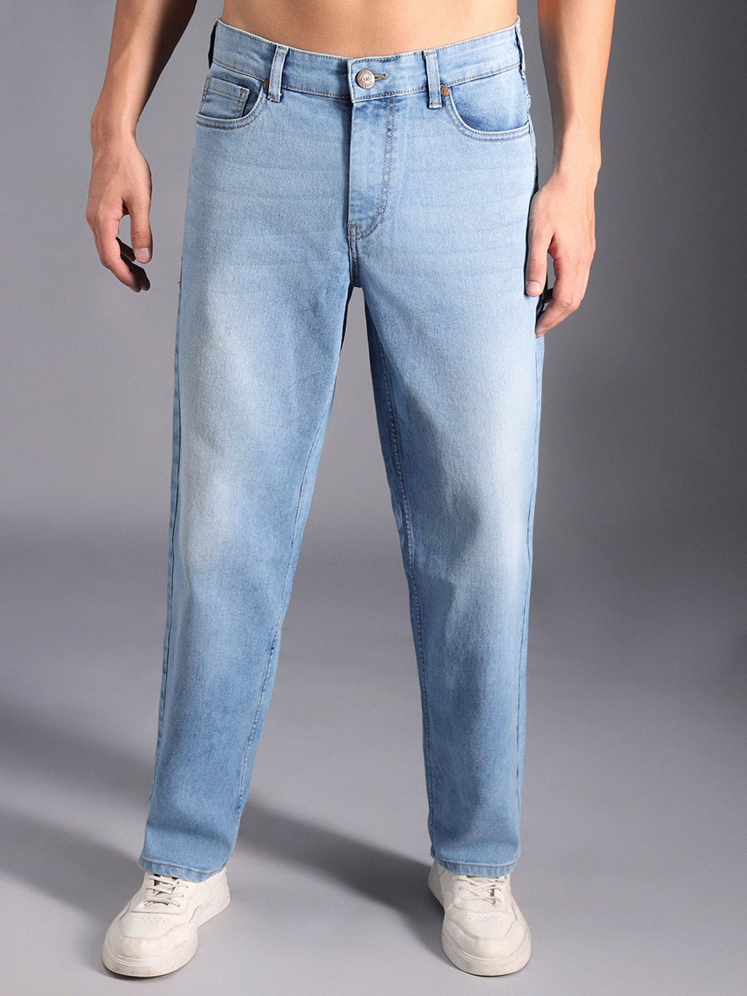 

High Star Men Relaxed Tapered Fit Clean Look Light Fade Pure Cotton Jeans, Blue